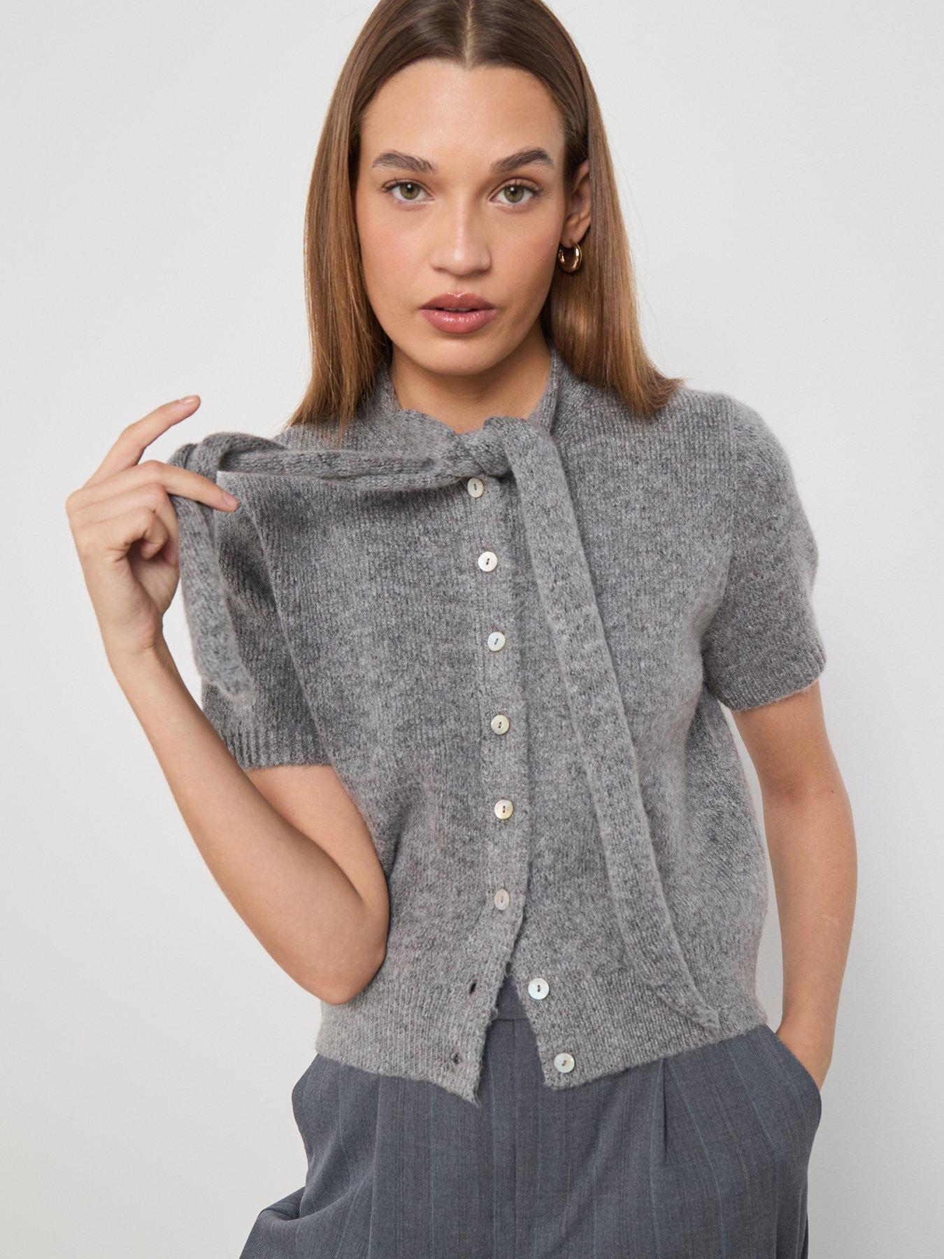 front image of mango-scarf-detail-cardigan-grey