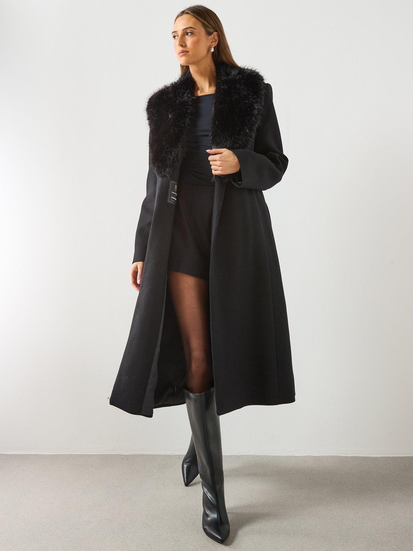 front image of mango-faux-fur-tailored-coat-black