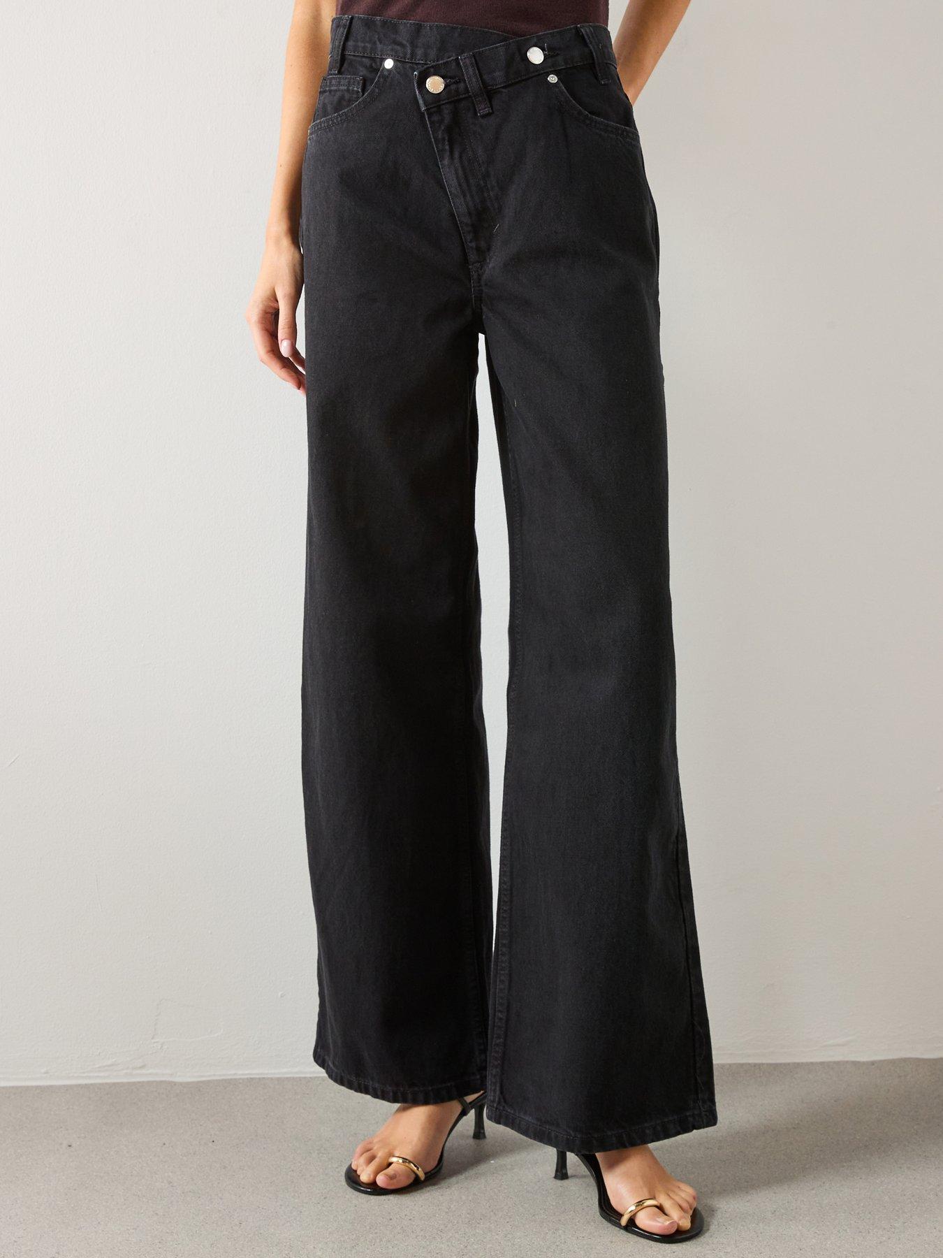 Image 1 of 5 of Mango Wide Leg Jeans with Crossover Waistband - Black