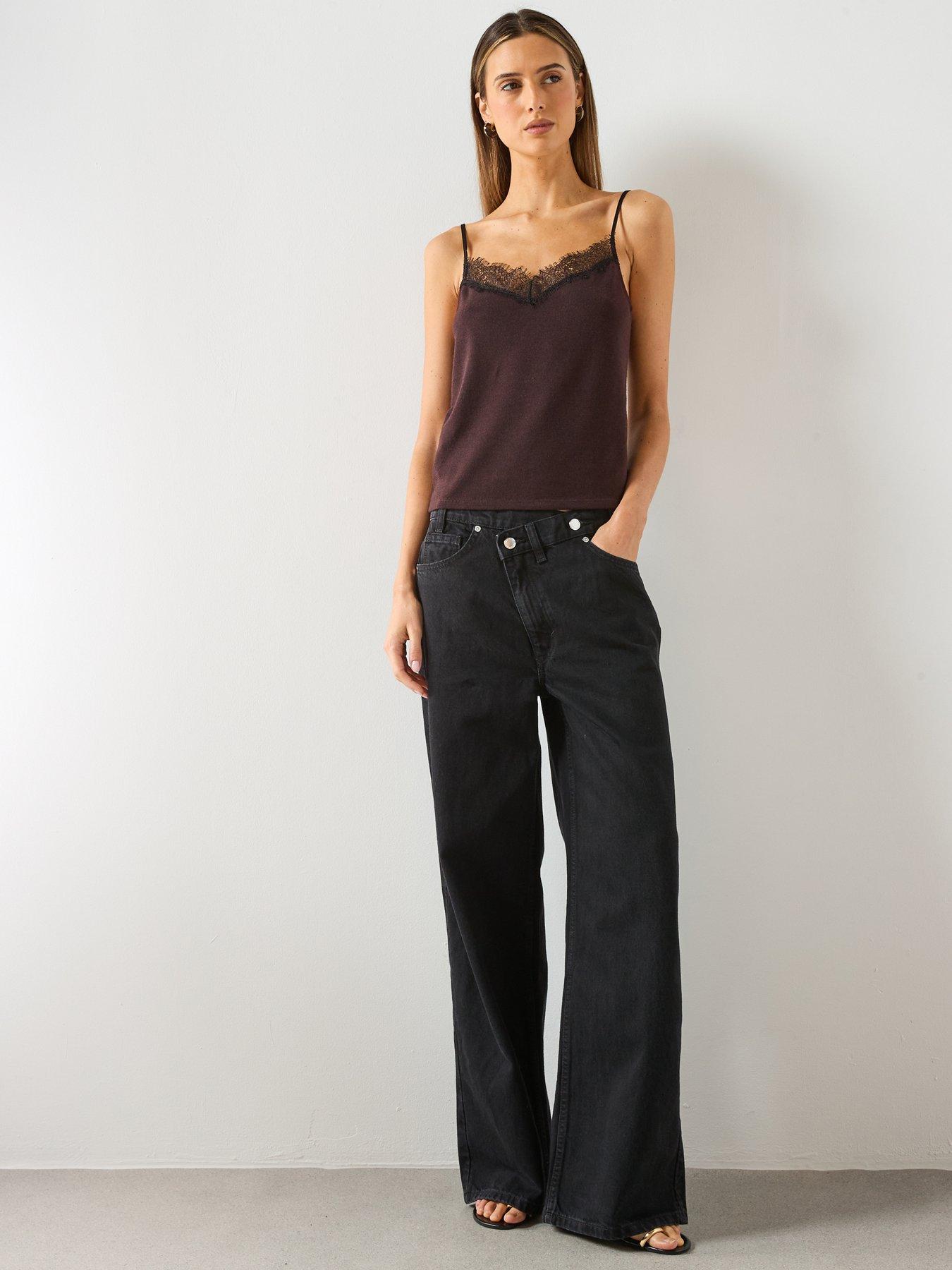 Image 3 of 5 of Mango Wide Leg Jeans with Crossover Waistband - Black