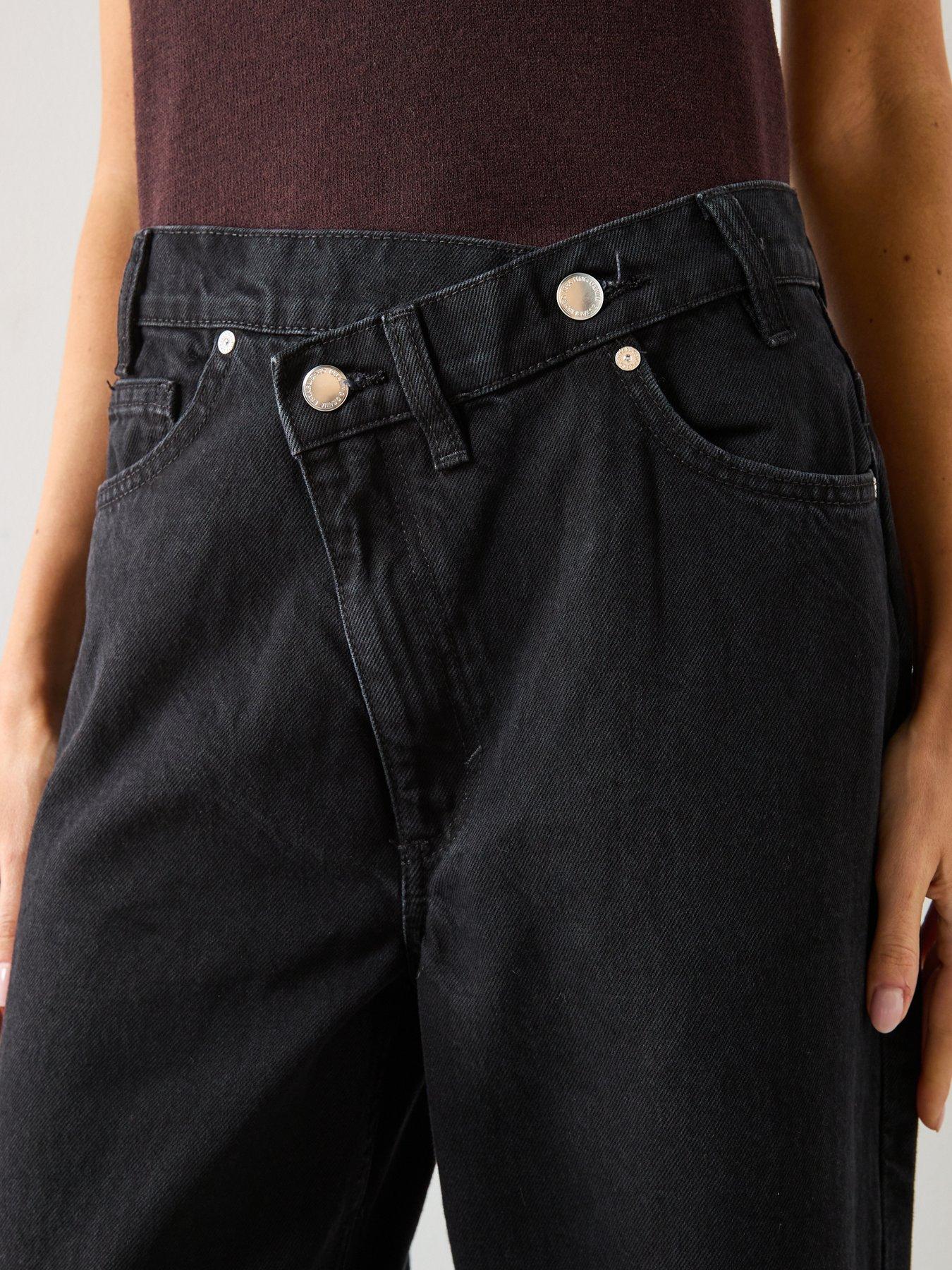 Image 4 of 5 of Mango Wide Leg Jeans with Crossover Waistband - Black