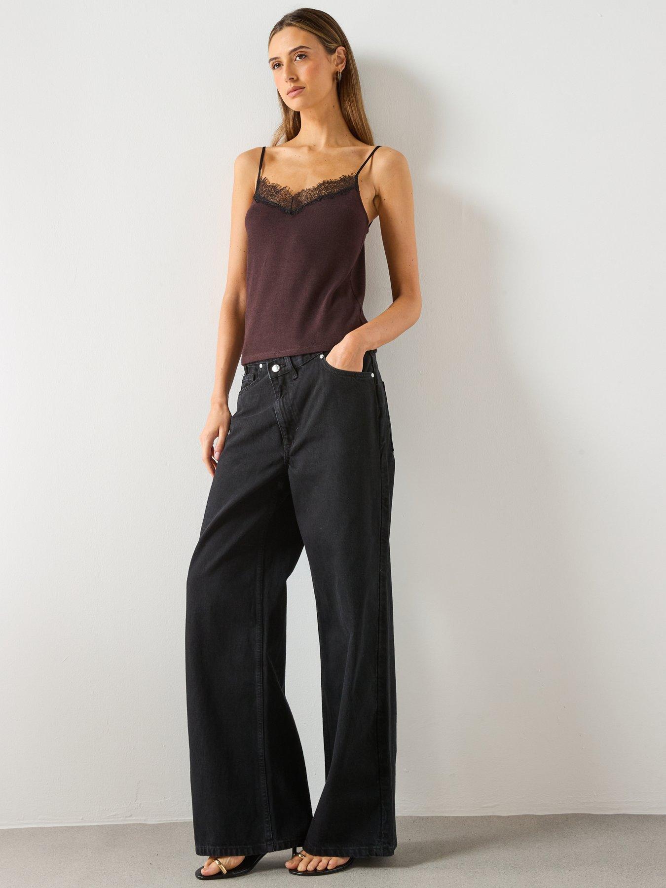 Image 5 of 5 of Mango Wide Leg Jeans with Crossover Waistband - Black