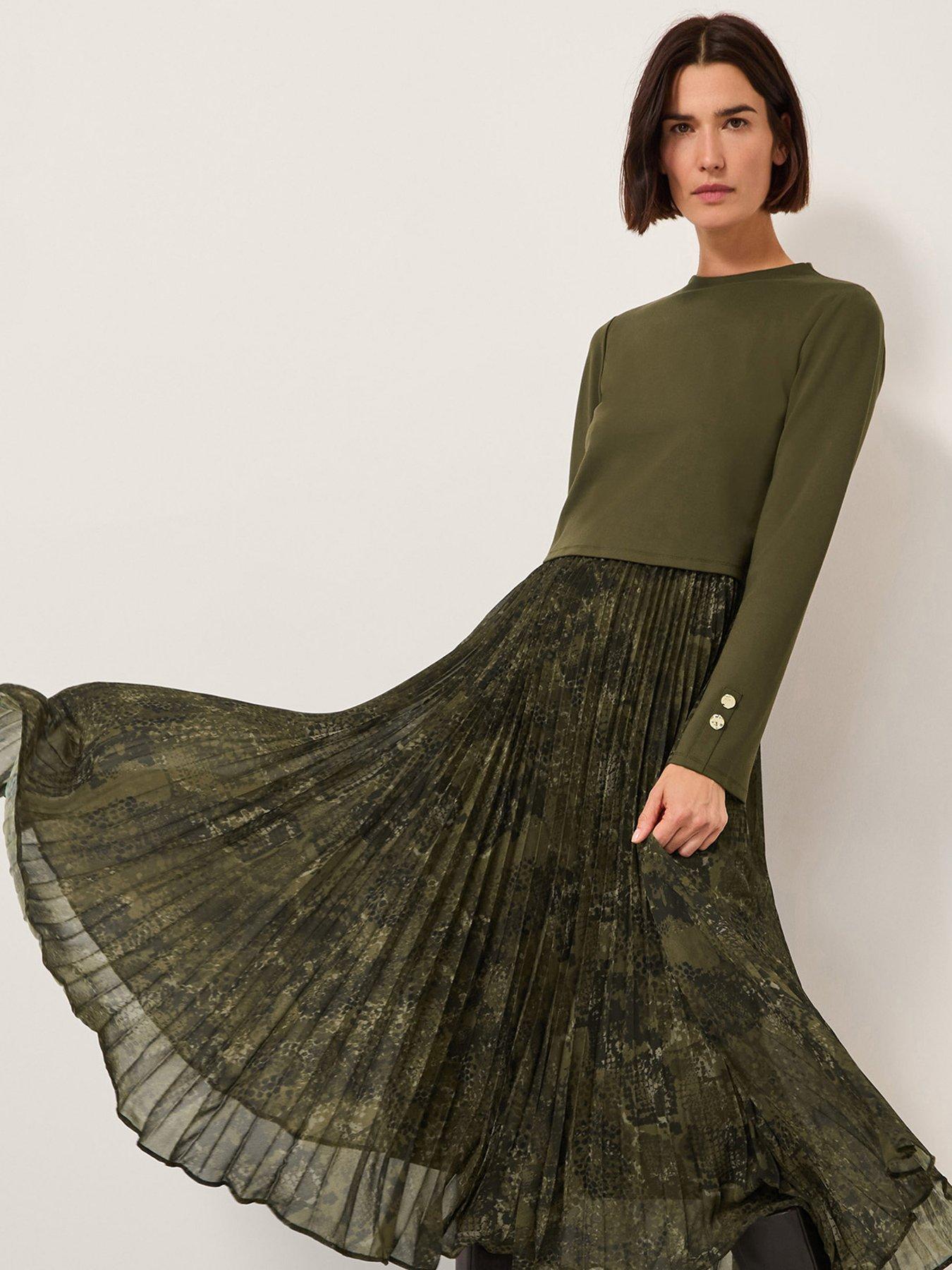 Image 1 of 5 of Monsoon Synthia Pleat Dress - Green