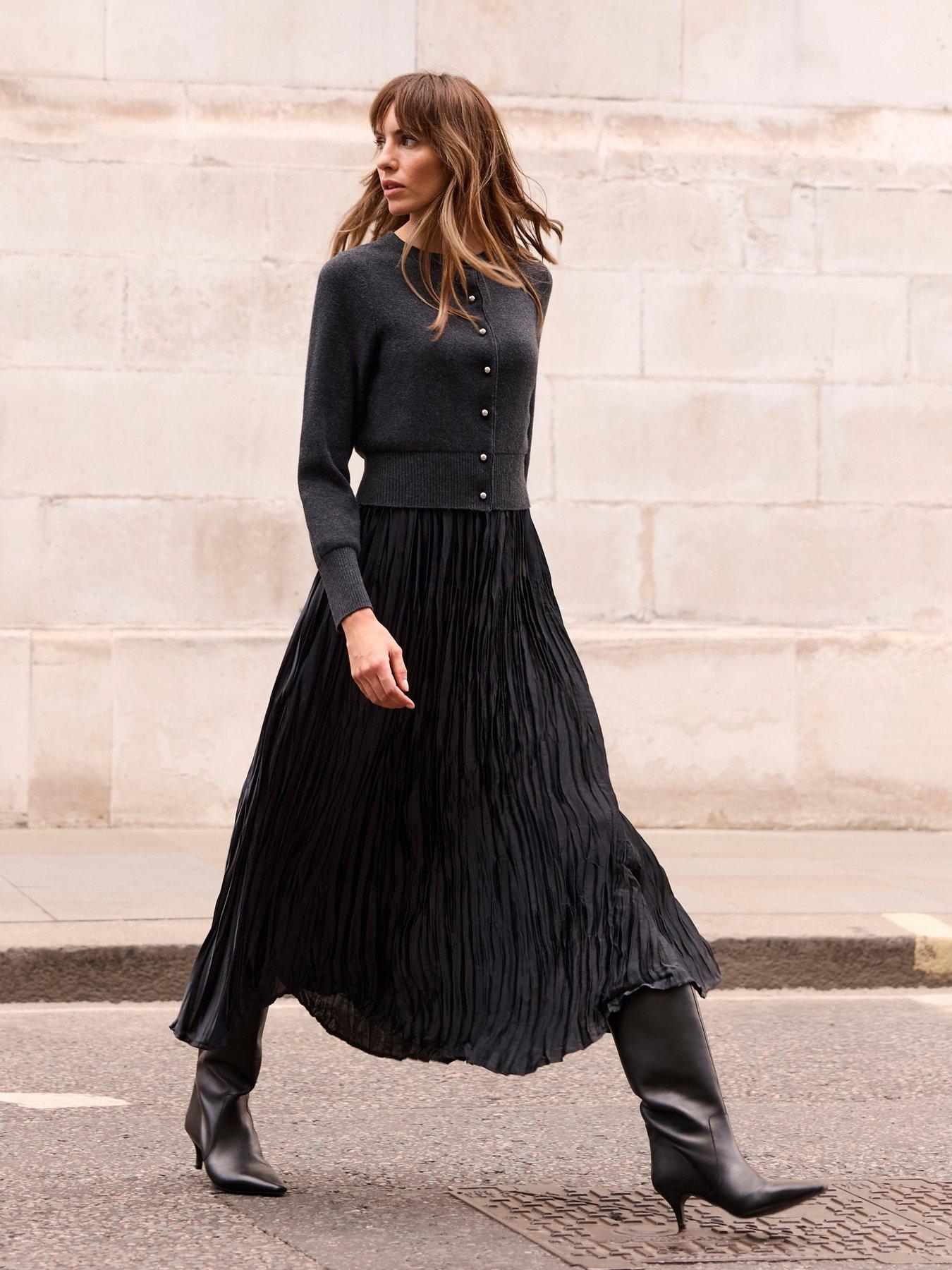 Image 1 of 6 of Mint Velvet Cardigan &amp; Pleated Dress - Grey