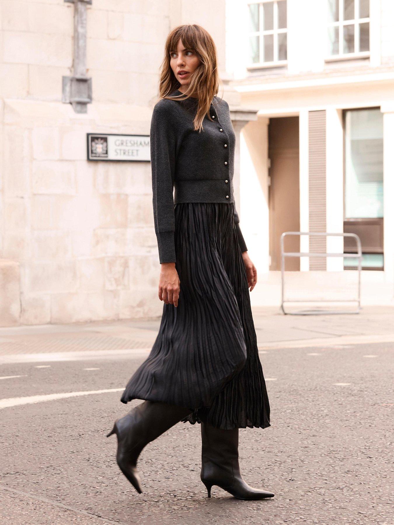 Image 2 of 6 of Mint Velvet Cardigan &amp; Pleated Dress - Grey