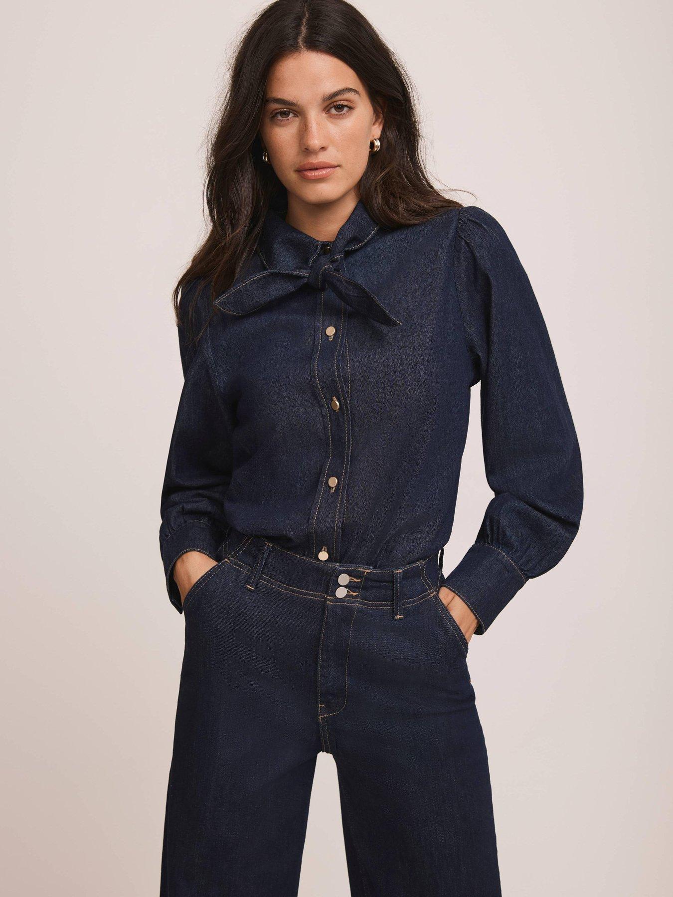  image of mint-velvet-tie-neck-denim-blouse-blue