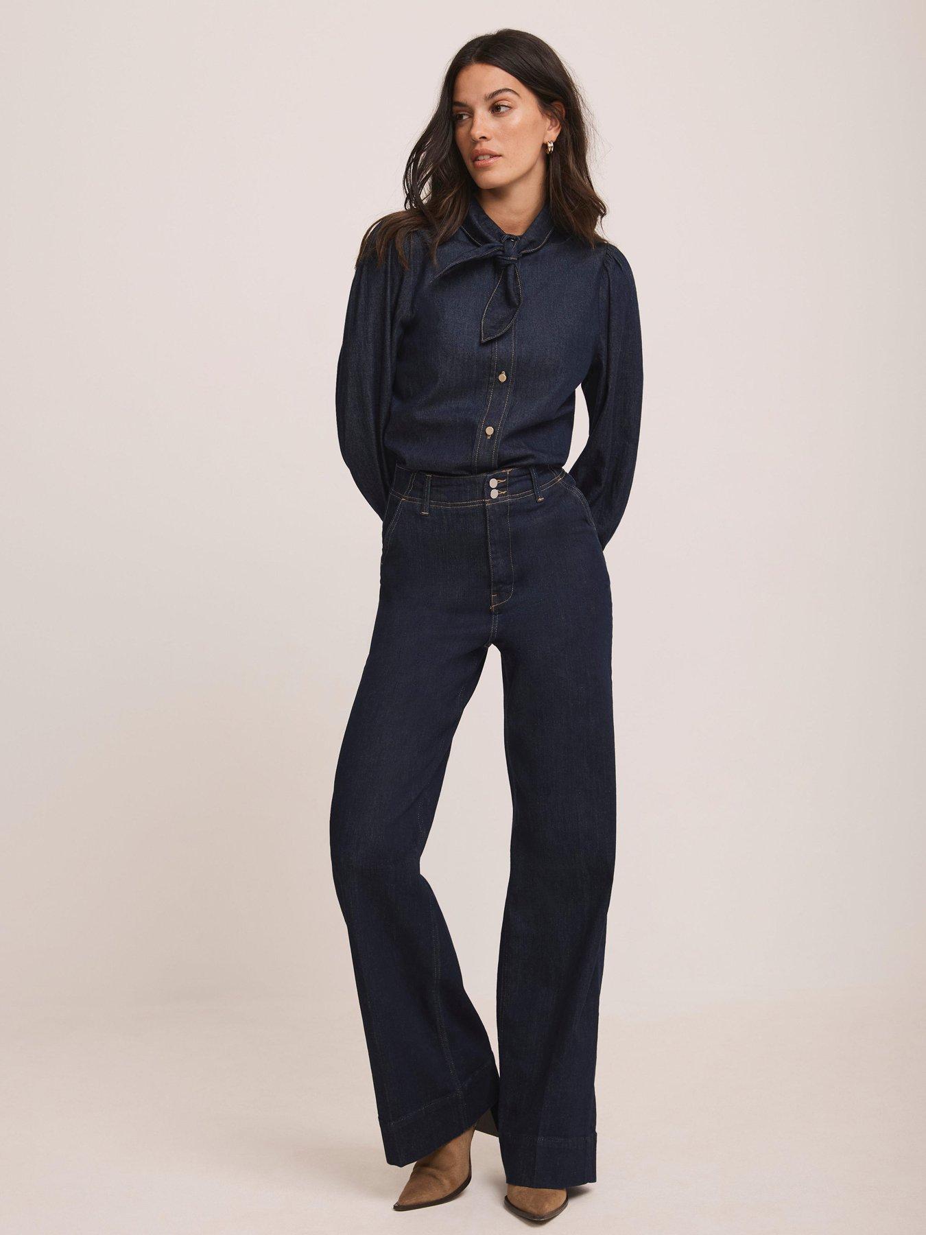  image of mint-velvet-tie-neck-denim-blouse-blue