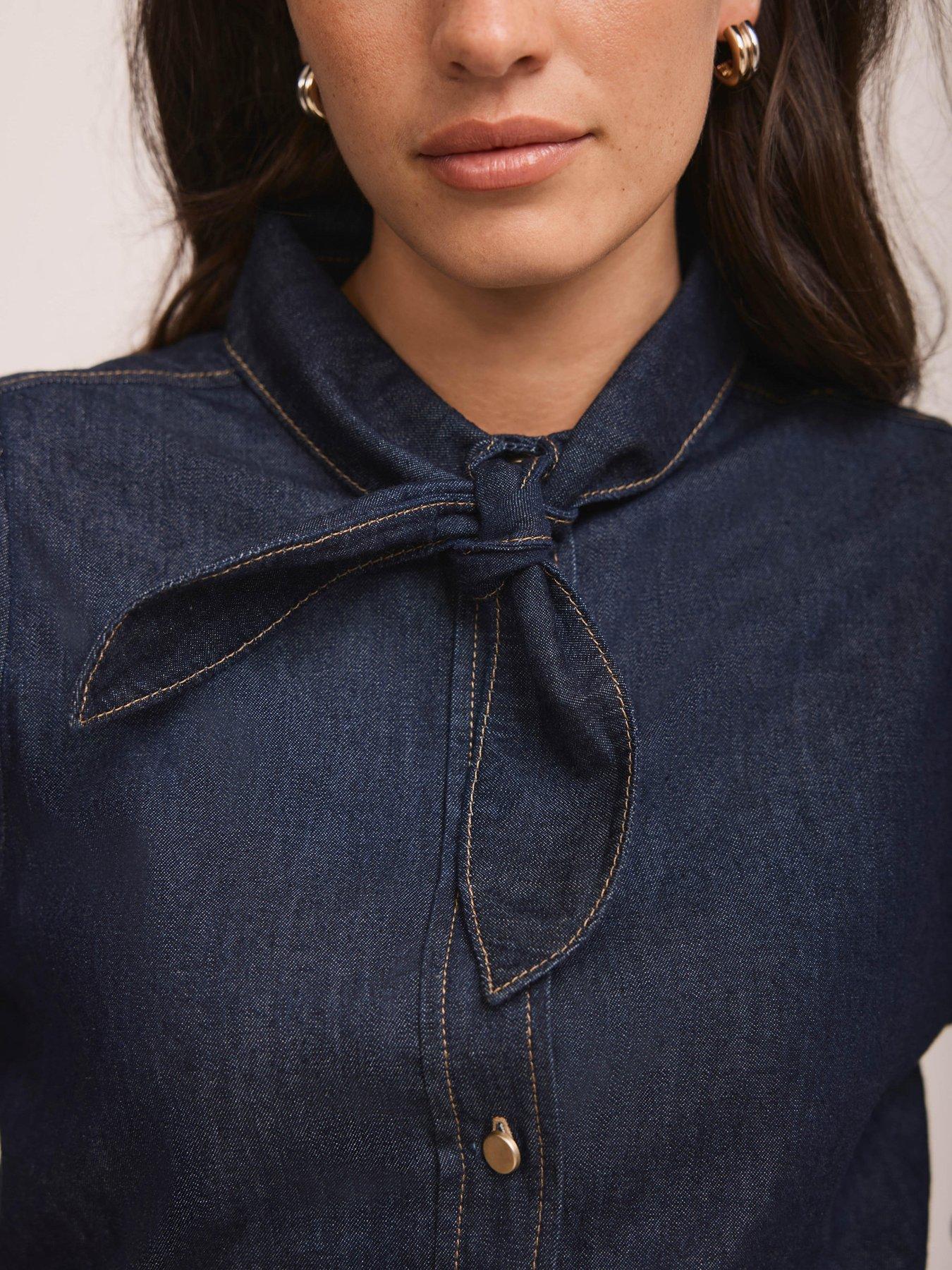  image of mint-velvet-tie-neck-denim-blouse-blue