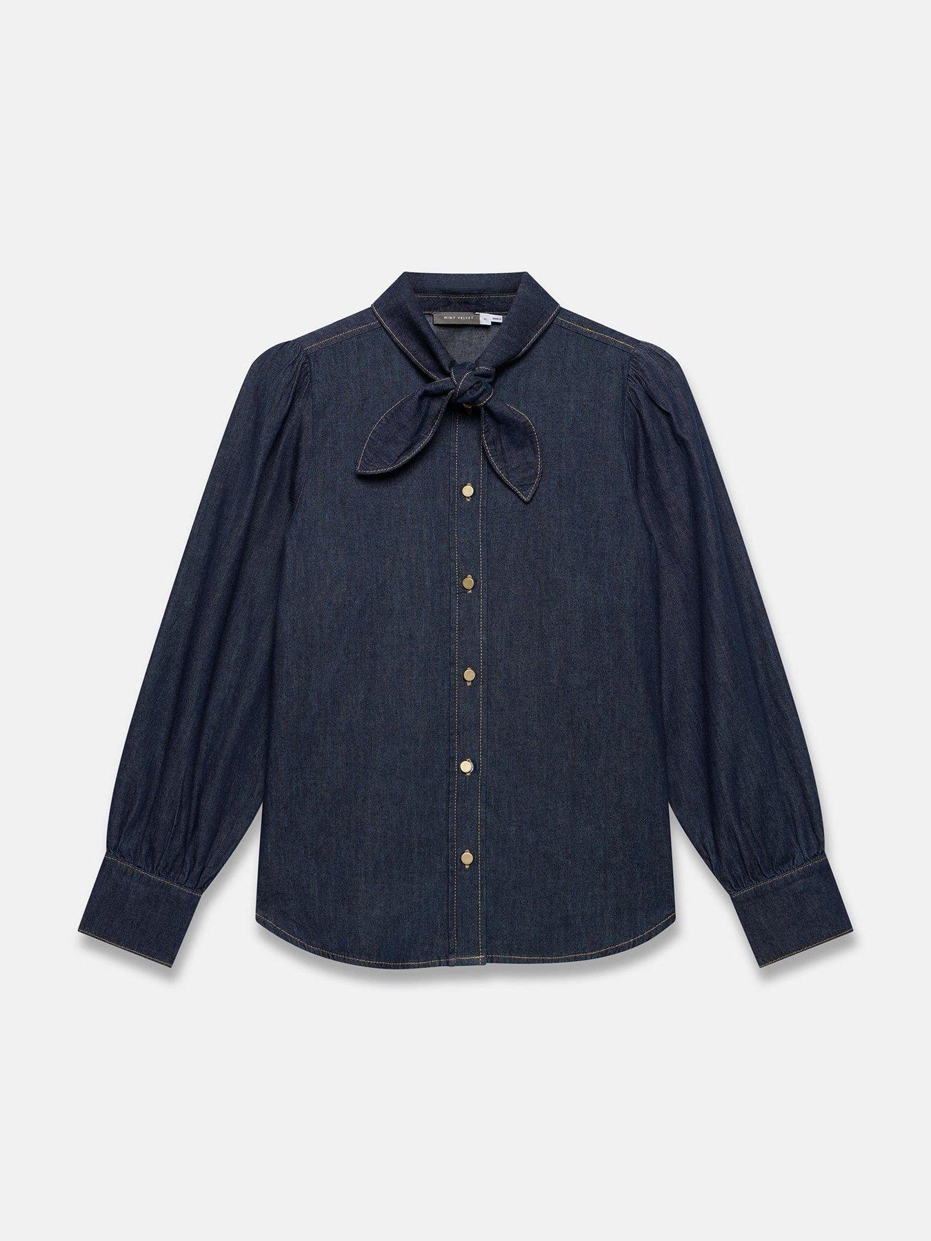  image of mint-velvet-tie-neck-denim-blouse-blue