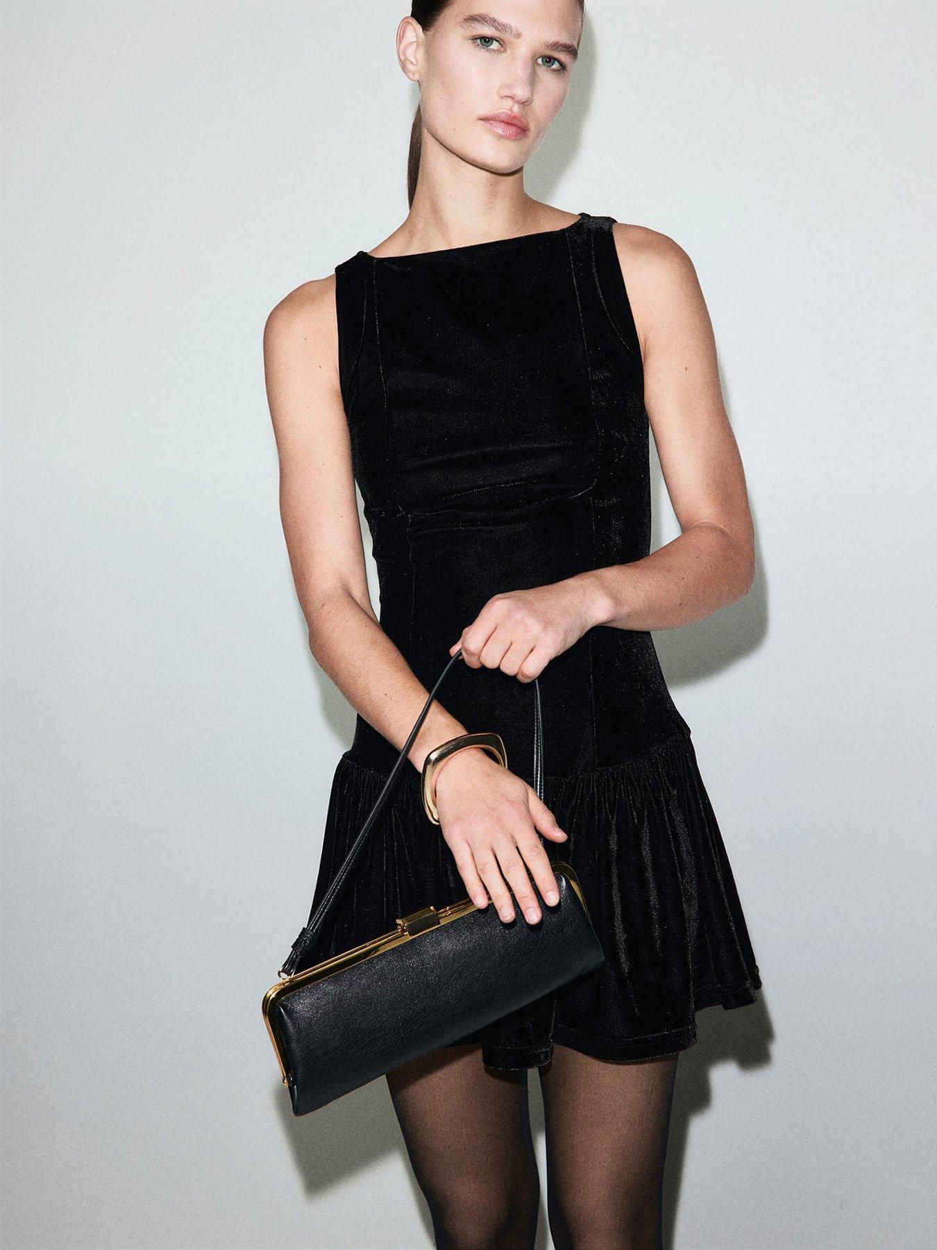  image of mango-velvet-dropped-hem-skater-dress-black