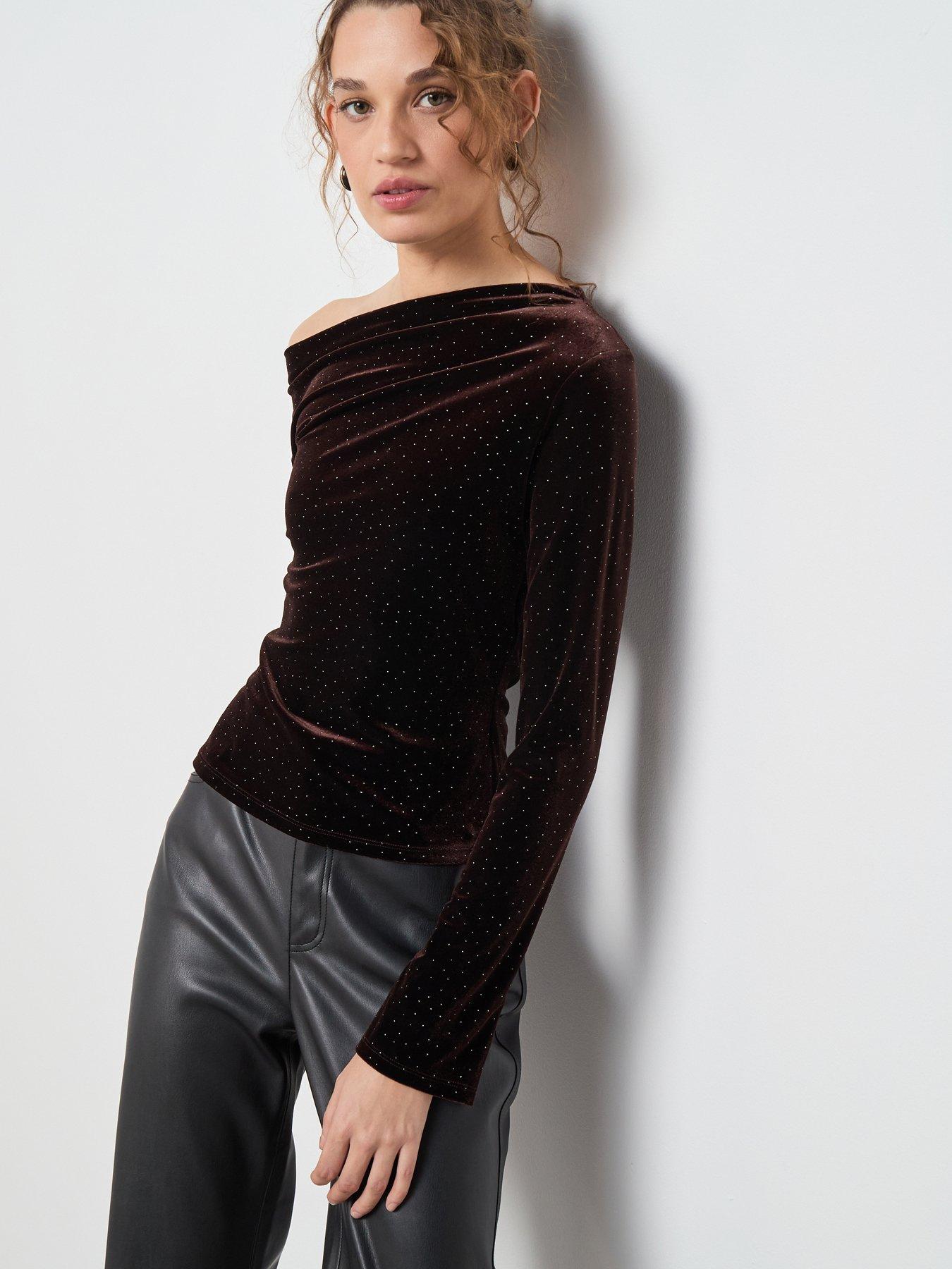 front image of mango-asymmetric-velvet-top-brown