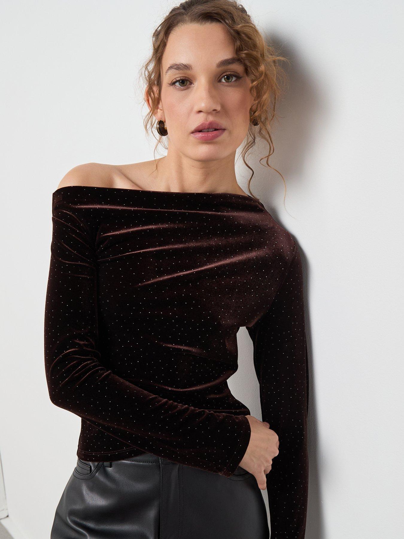  image of mango-asymmetric-velvet-top-brown