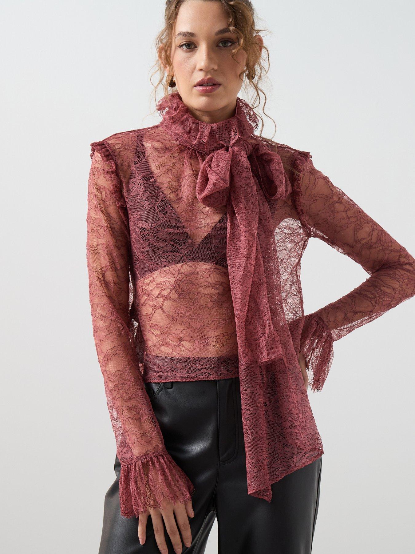 front image of mango-lace-bow-neck-blouse-pink