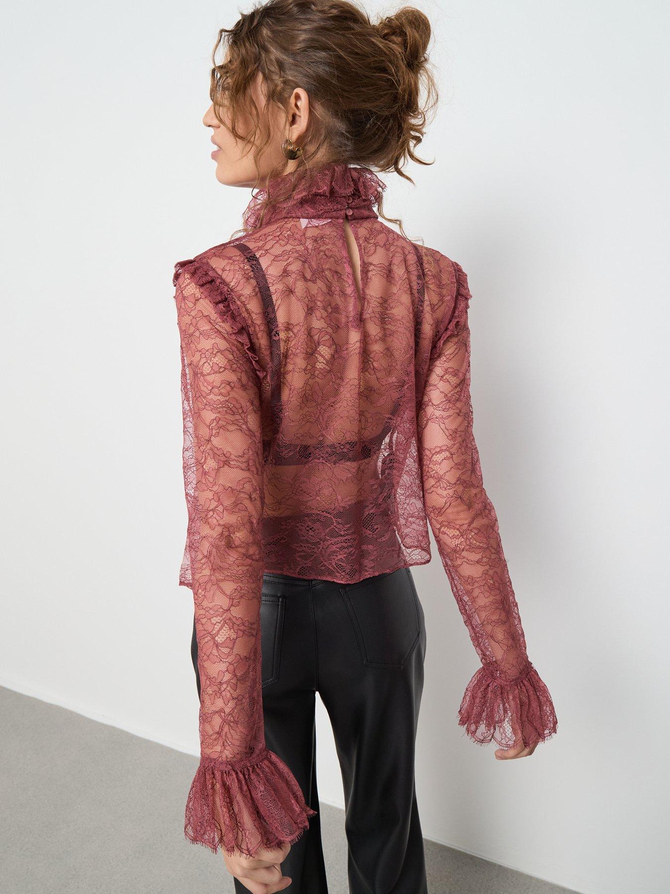 stillFront image of mango-lace-bow-neck-blouse-pink