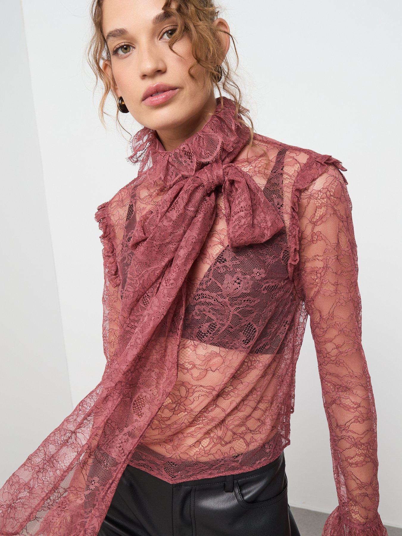  image of mango-lace-bow-neck-blouse-pink