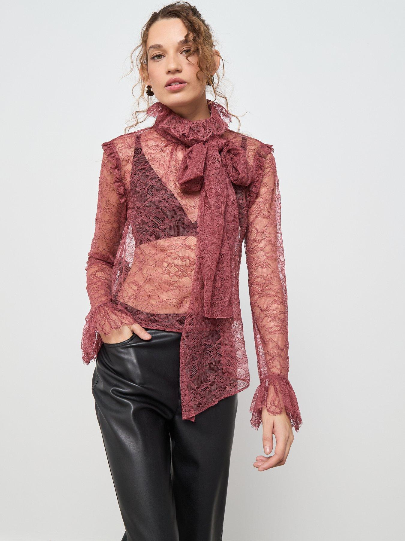  image of mango-lace-bow-neck-blouse-pink