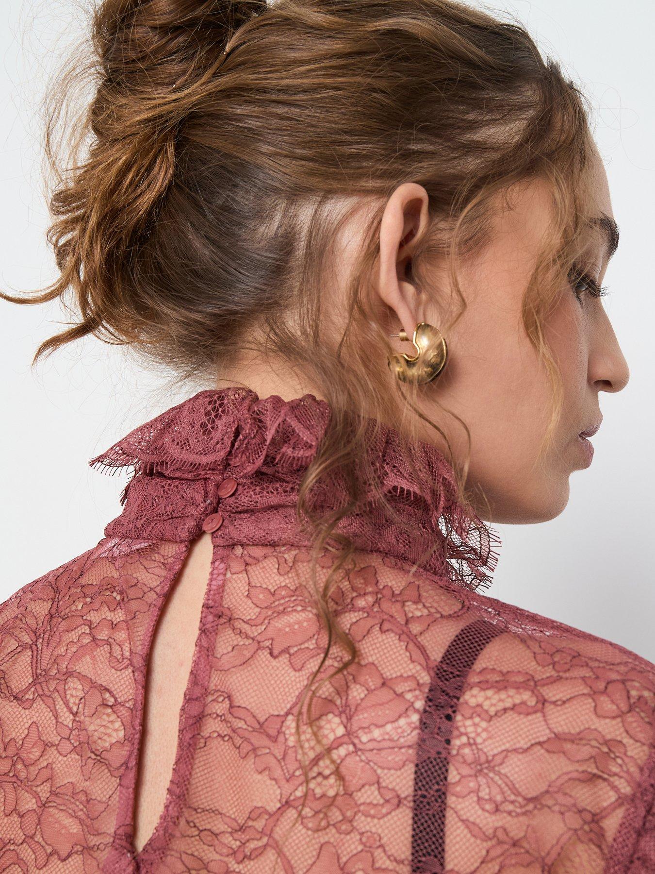  image of mango-lace-bow-neck-blouse-pink