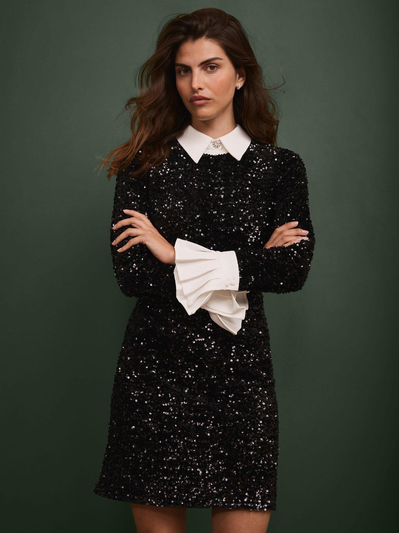 front image of mint-velvet-sequin-contrast-collar-dress-black