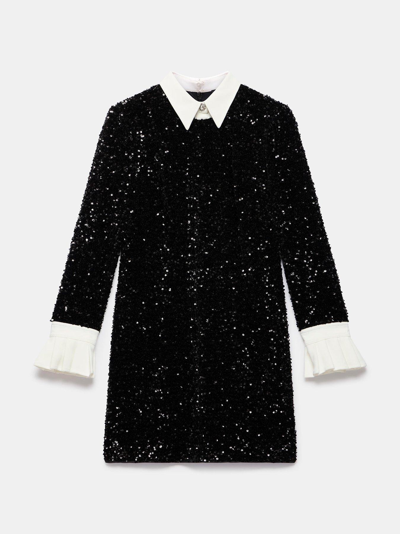  image of mint-velvet-sequin-contrast-collar-dress-black