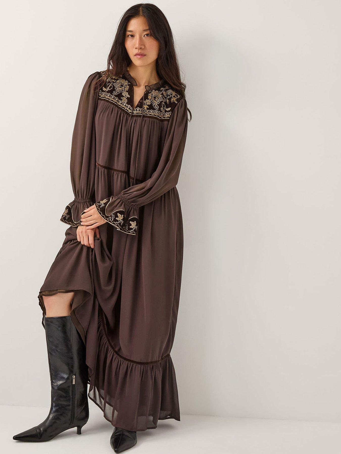  image of monsoon-nova-embroidered-yoke-dress-brown