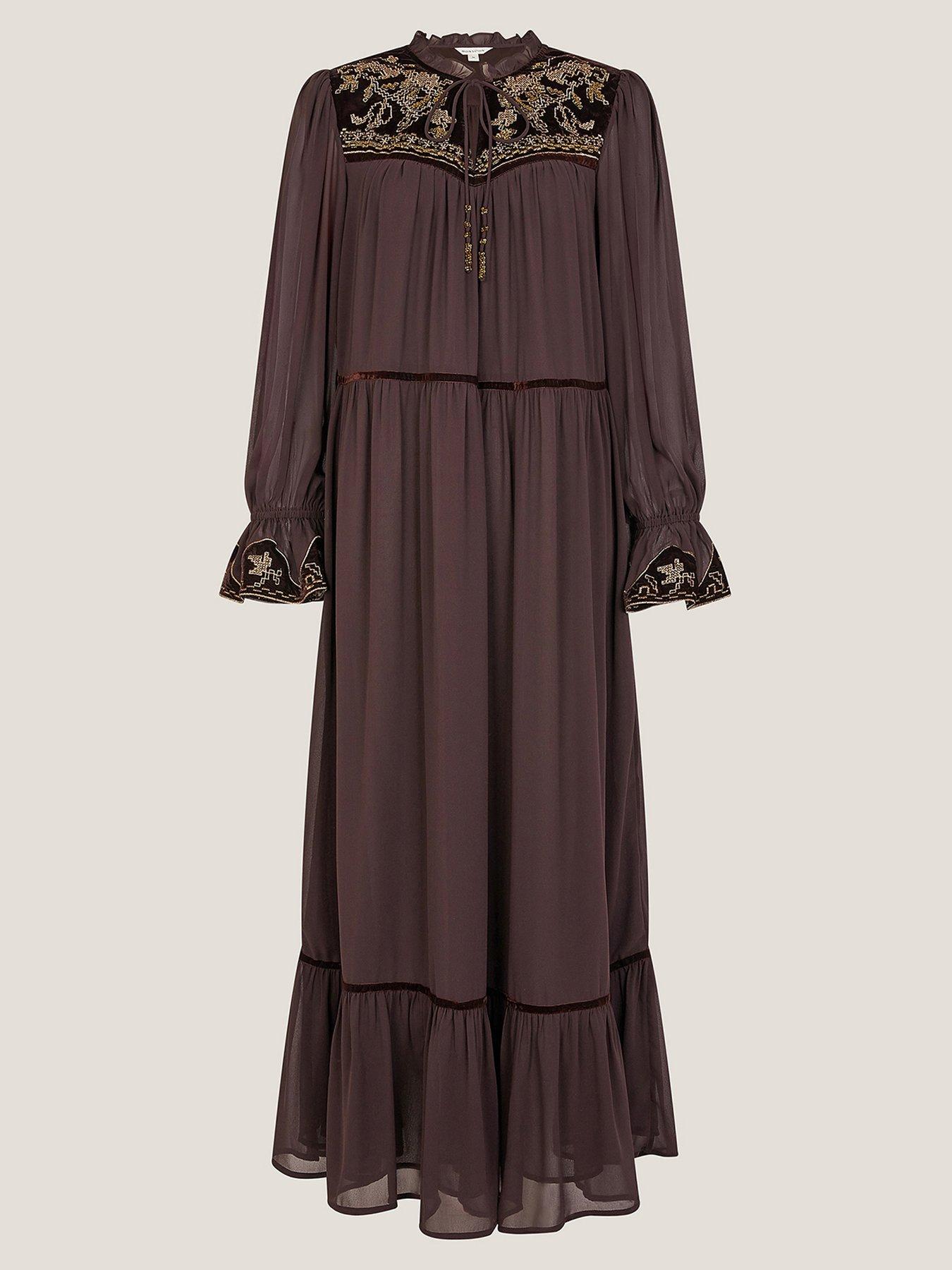  image of monsoon-nova-embroidered-yoke-dress-brown