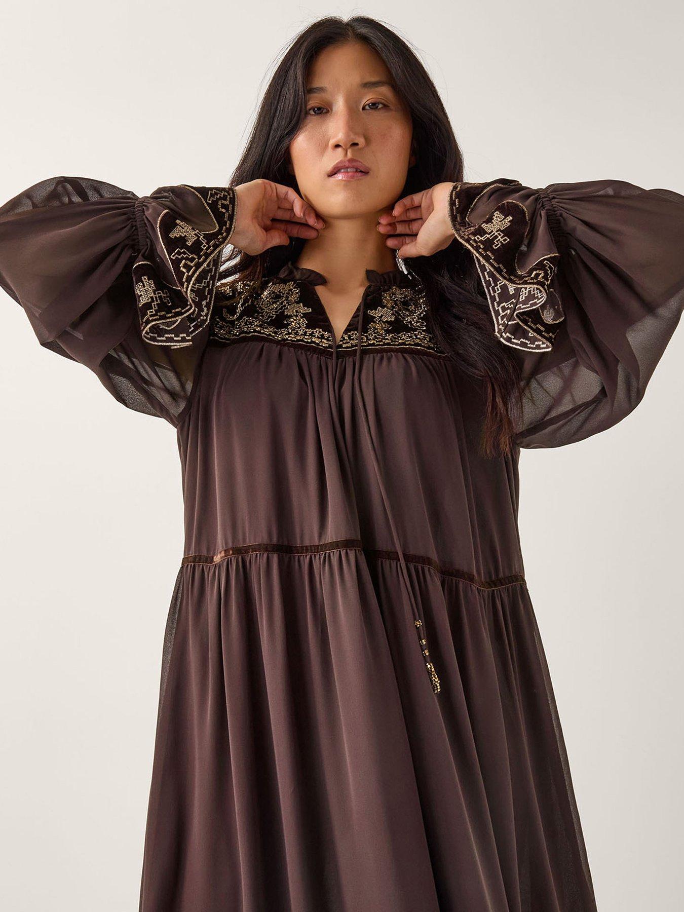 embroidered yoke dress Sage Green Tiered Dress with Multicolor Embroidered Yoke and Tassel Tie-Up-P1915SAGEGREEN Green / XL