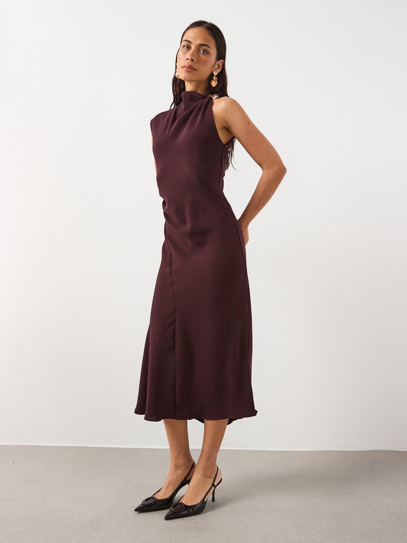 front image of mango-dress-with-asymmetrical-neck-and-metallic-detail-brown