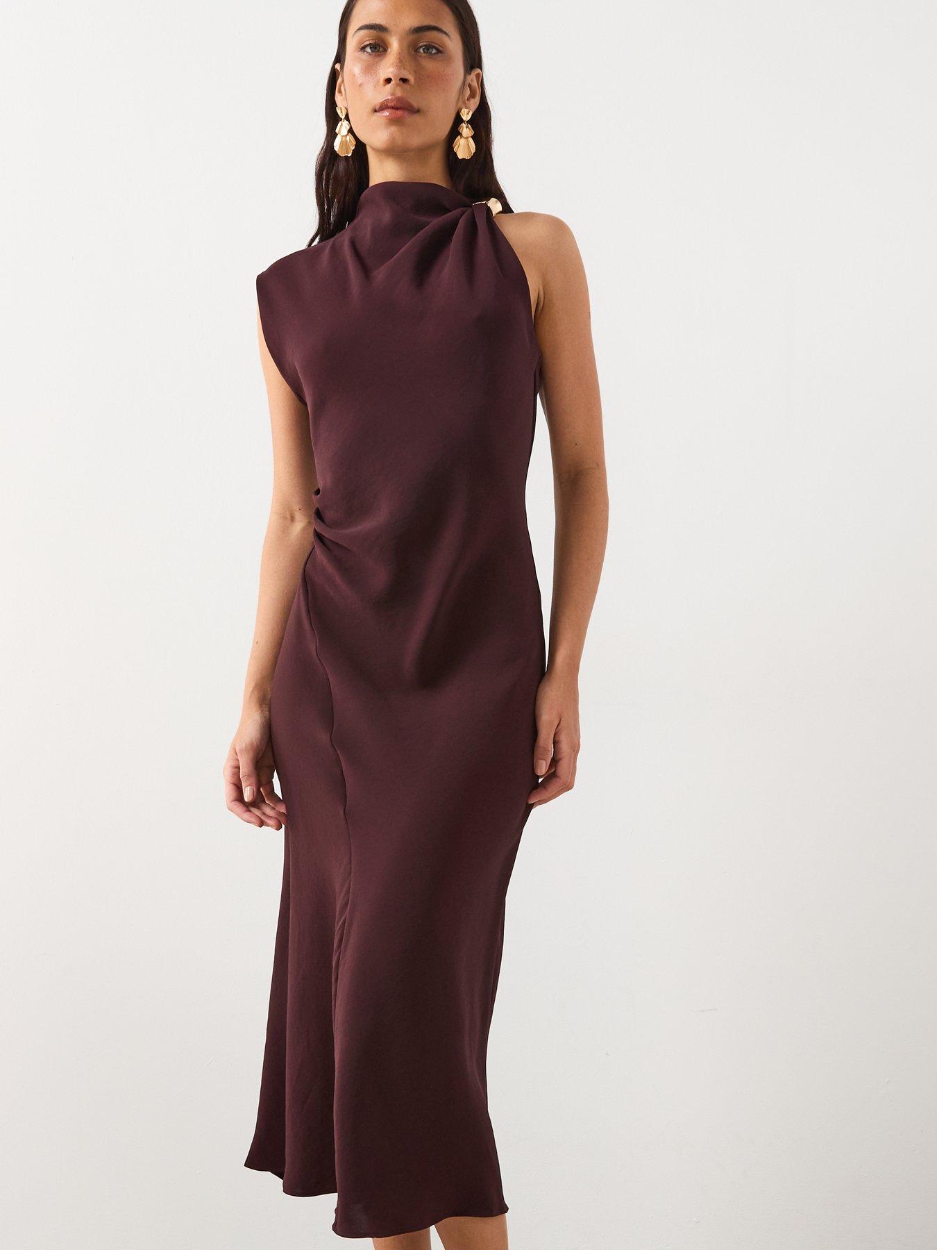  image of mango-dress-with-asymmetrical-neck-and-metallic-detail-brown