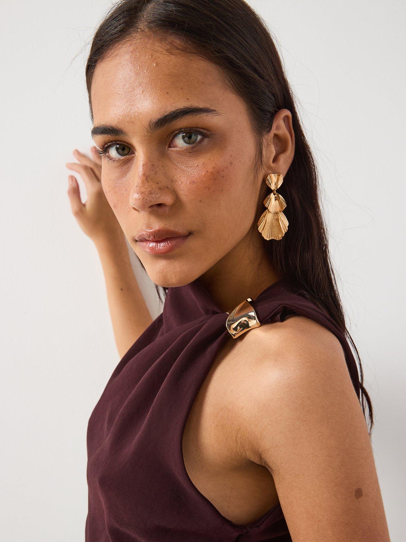  image of mango-dress-with-asymmetrical-neck-and-metallic-detail-brown