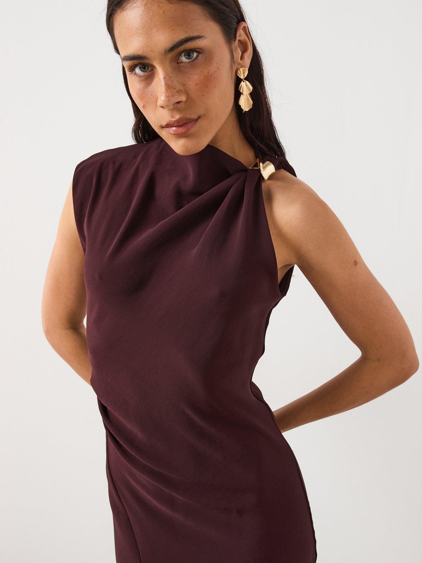  image of mango-dress-with-asymmetrical-neck-and-metallic-detail-brown
