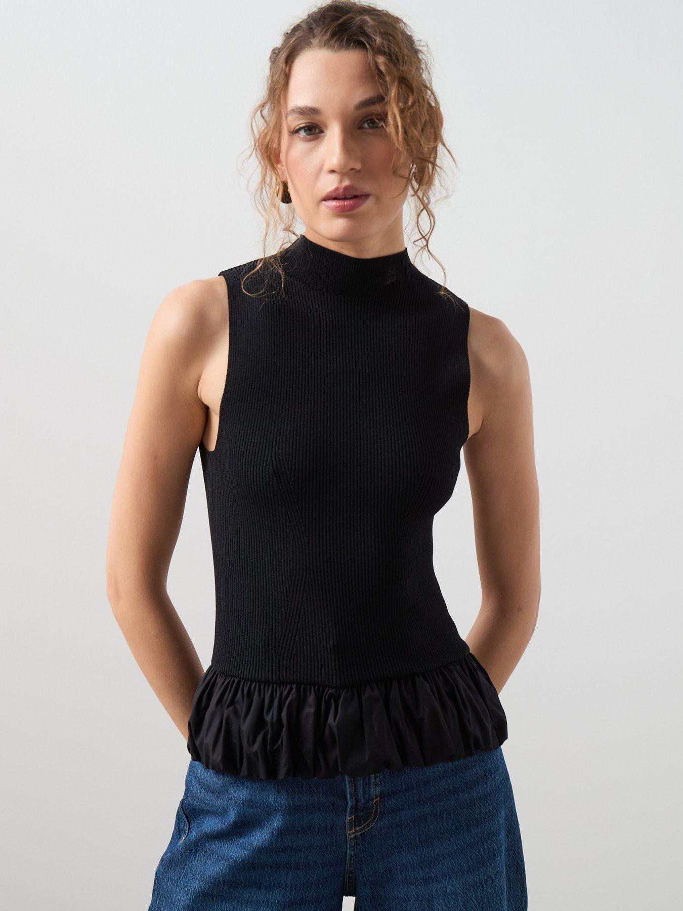 front image of mango-peplum-high-neck-tank-top-black