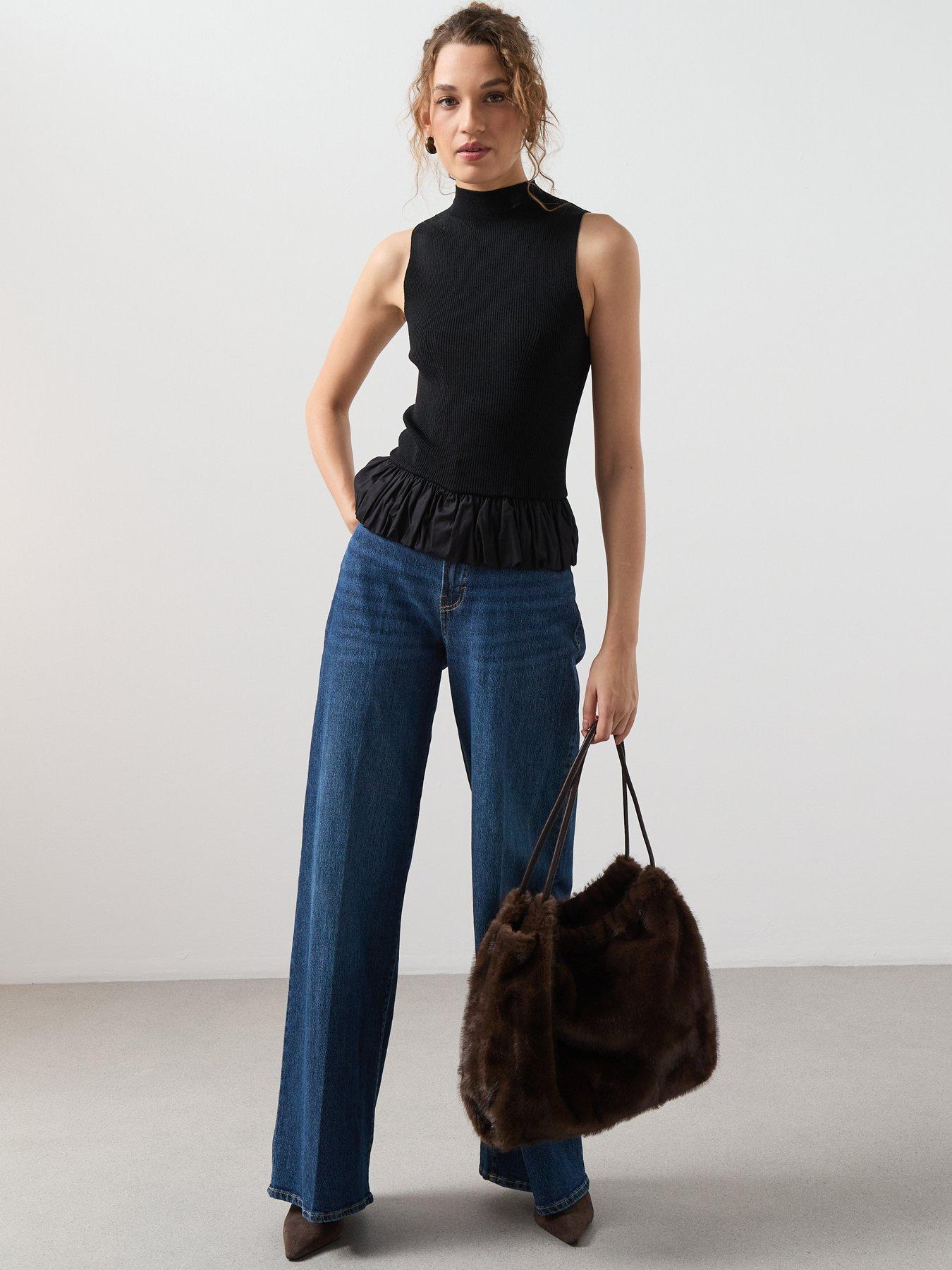  image of mango-peplum-high-neck-tank-top-black