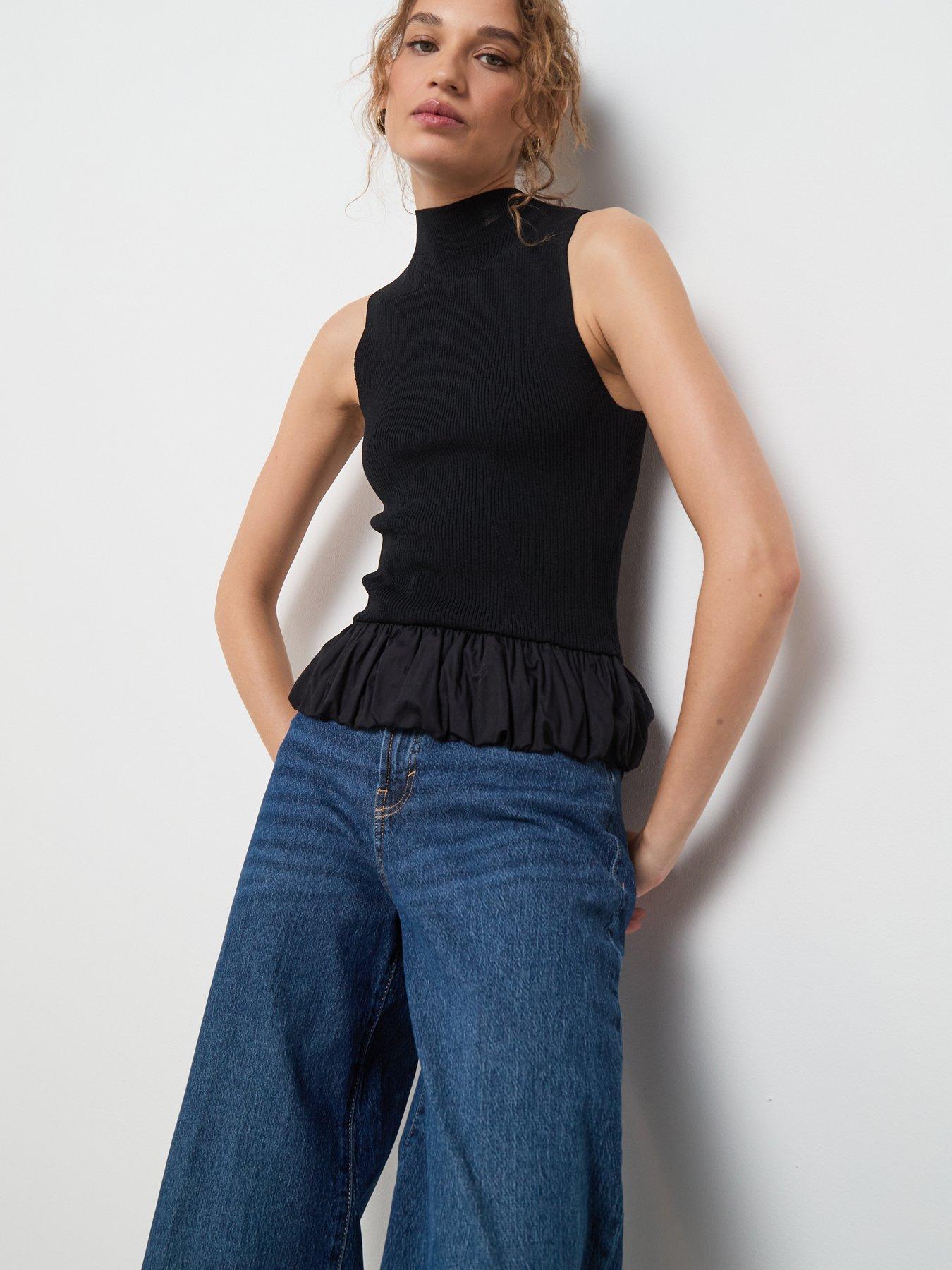  image of mango-peplum-high-neck-tank-top-black