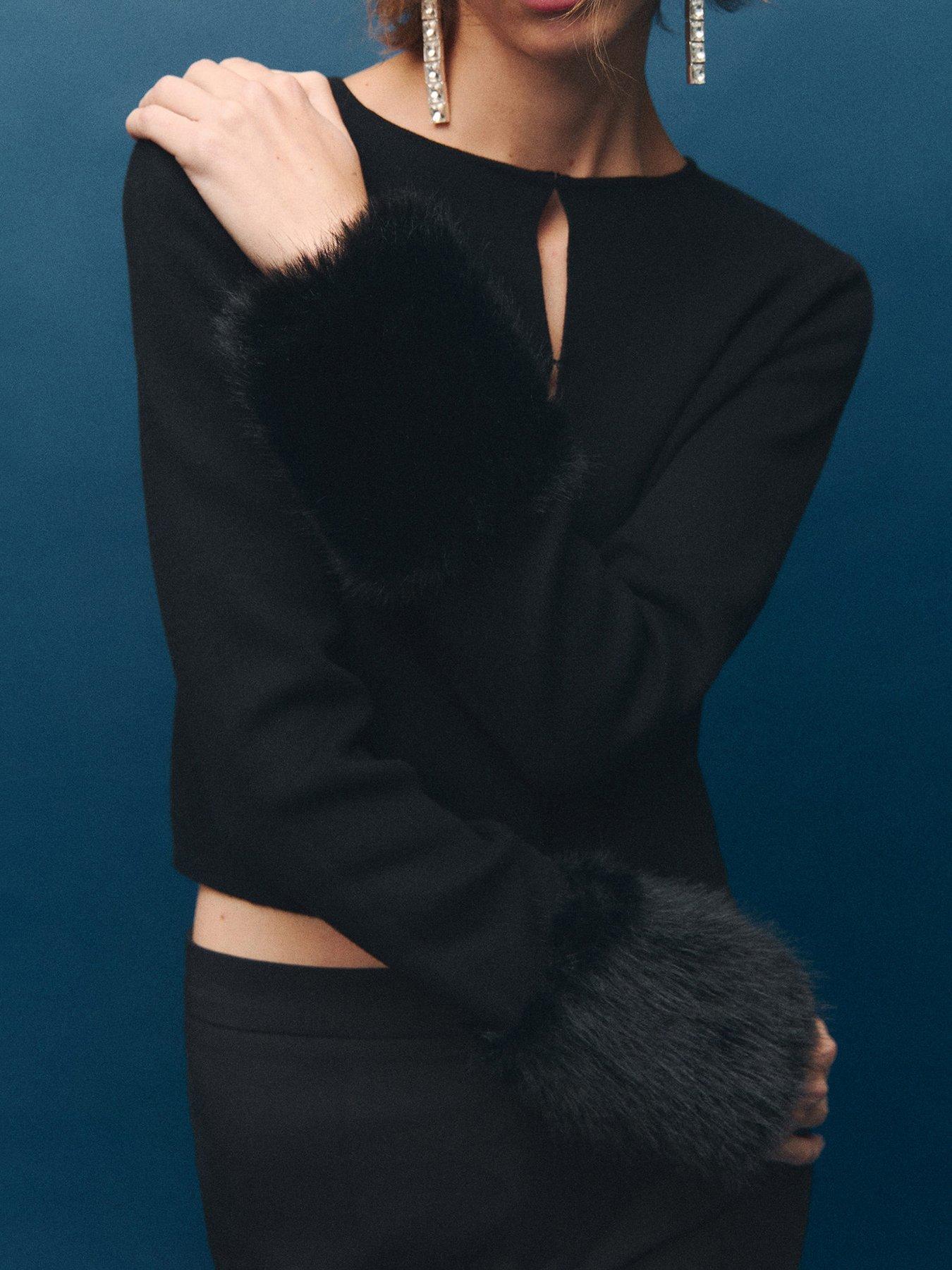  image of mango-faux-fur-cuff-cardigan-black