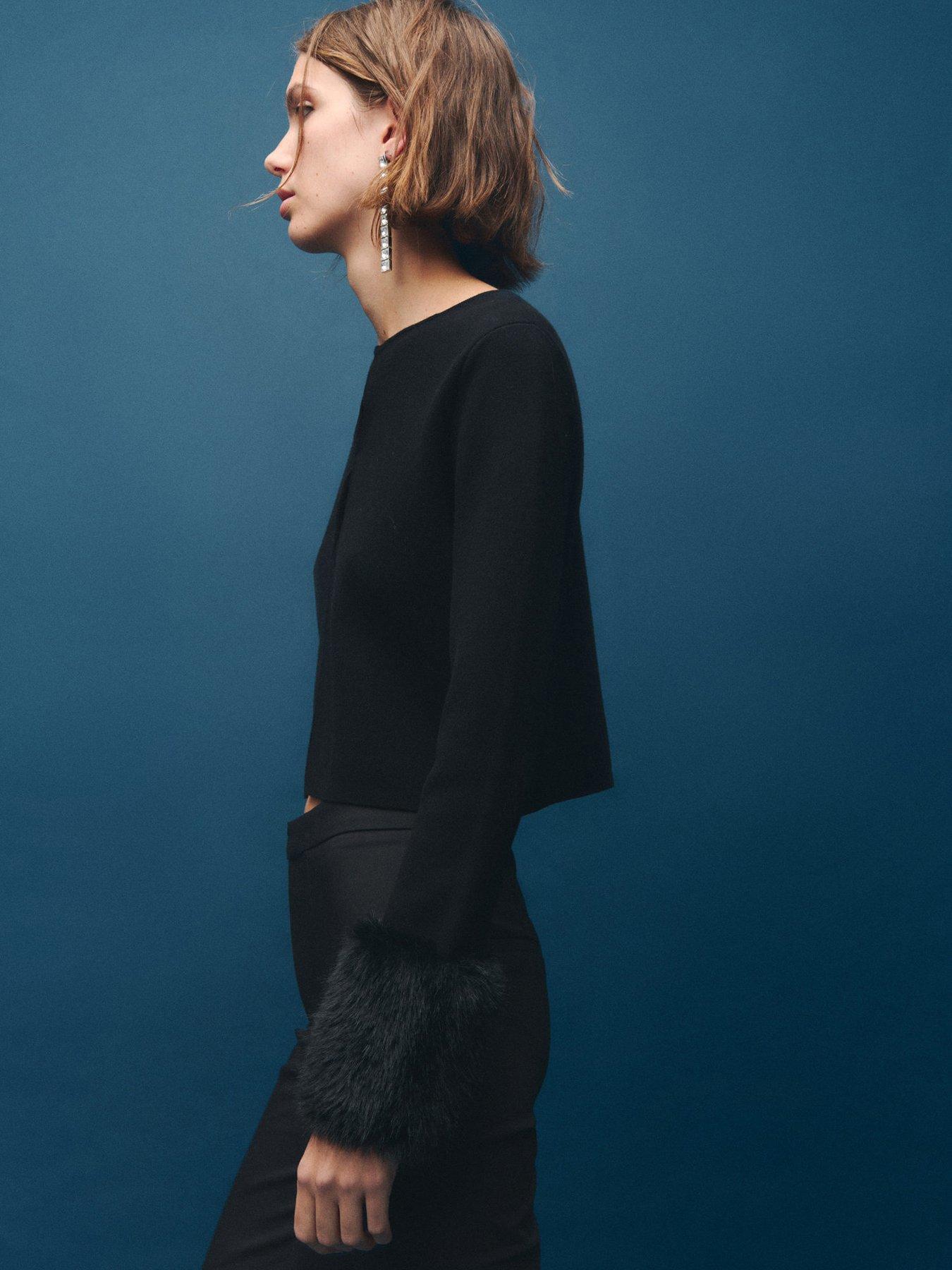  image of mango-faux-fur-cuff-cardigan-black