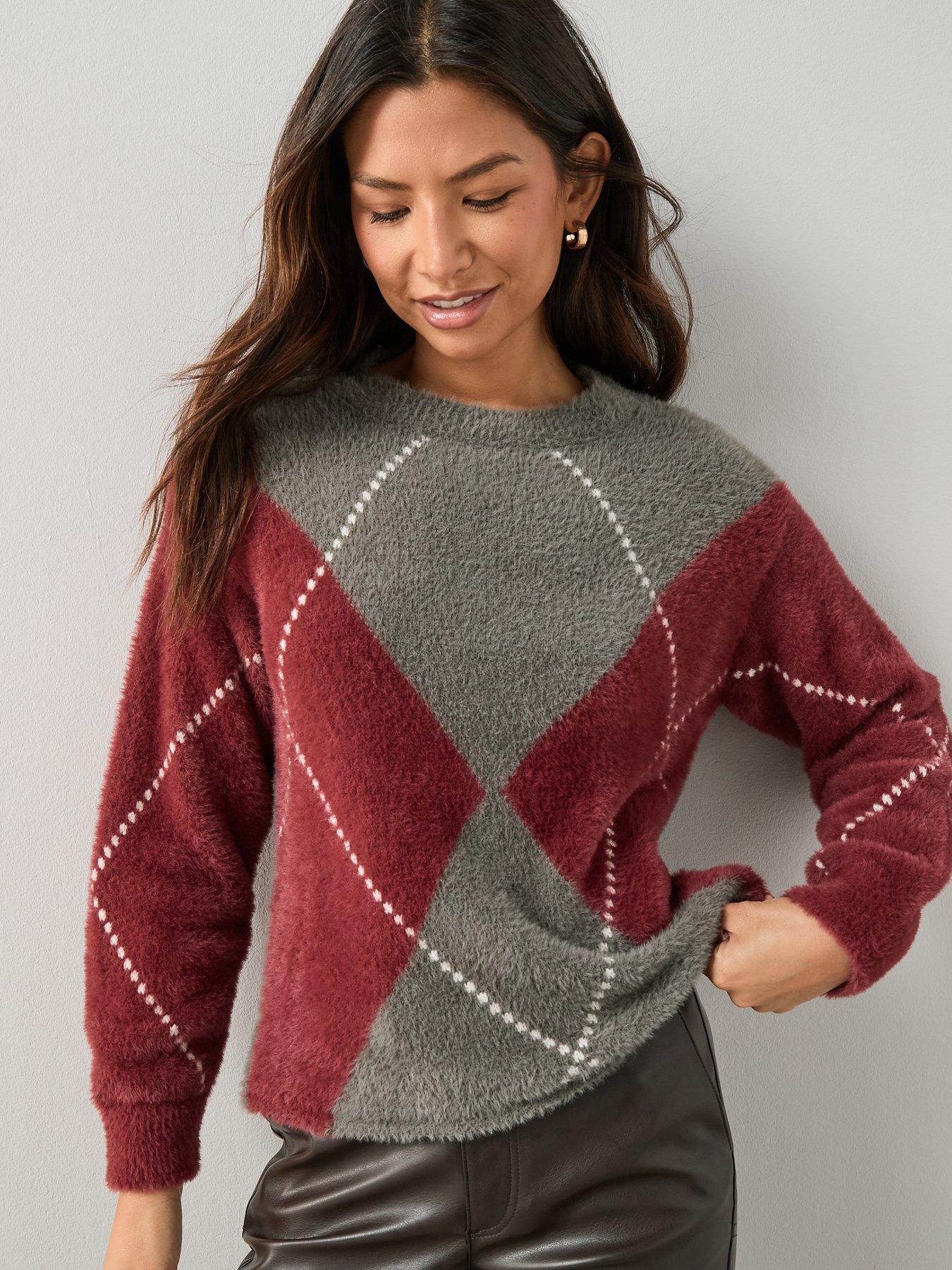 The Very Collection Crew Neck Argyle Knitted Jumper - Grey/burgundy