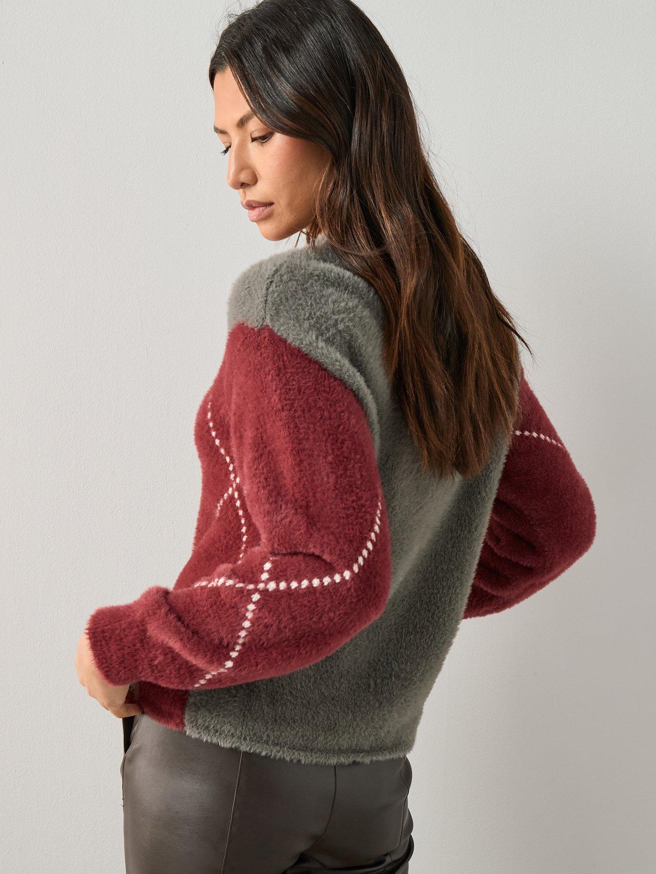 Image 2 of 6 of The Very Collection Crew Neck Argyle Knitted Jumper - Grey/burgundy