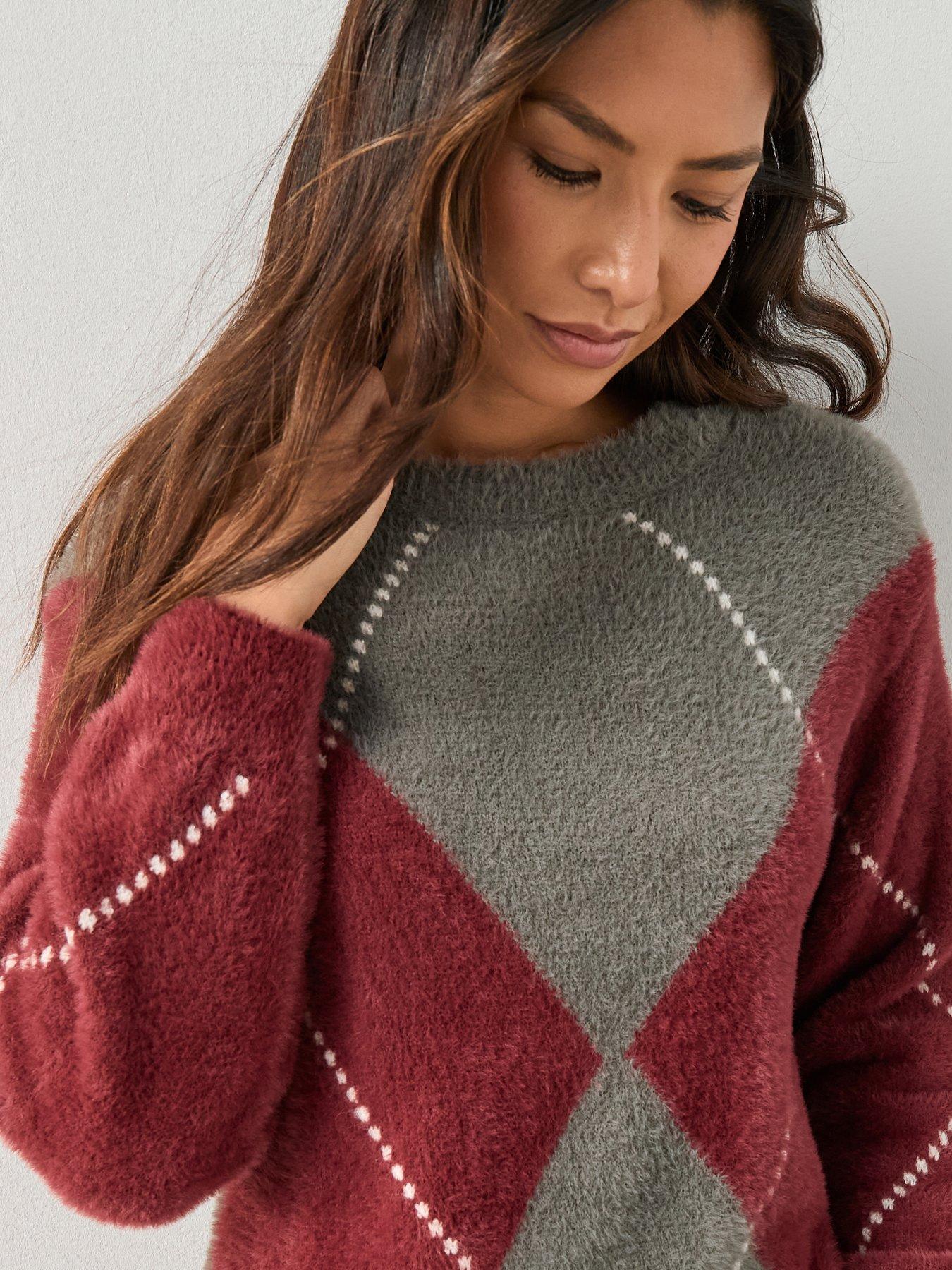 Image 4 of 6 of The Very Collection Crew Neck Argyle Knitted Jumper - Grey/burgundy