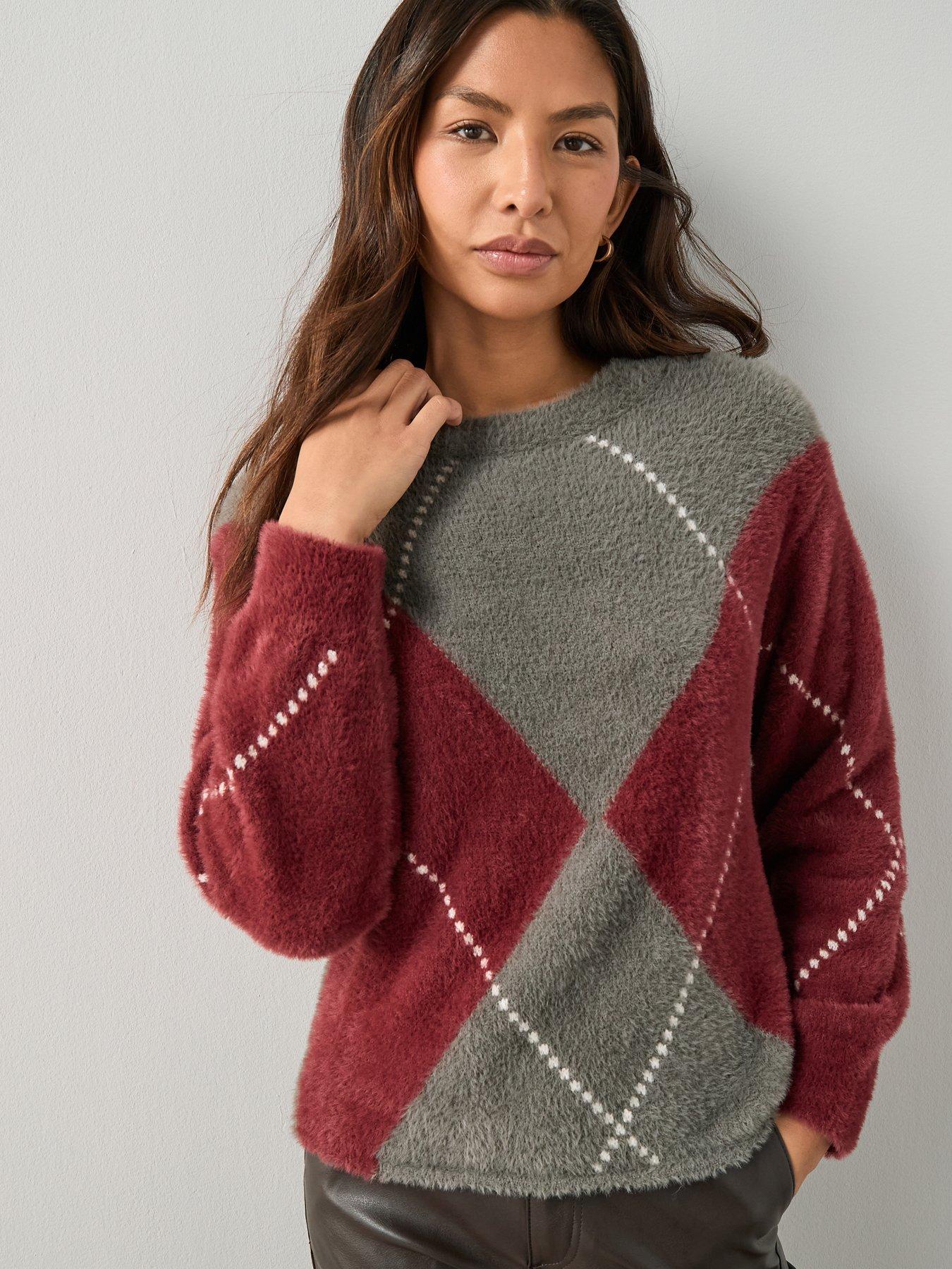 Image 6 of 6 of The Very Collection Crew Neck Argyle Knitted Jumper - Grey/burgundy