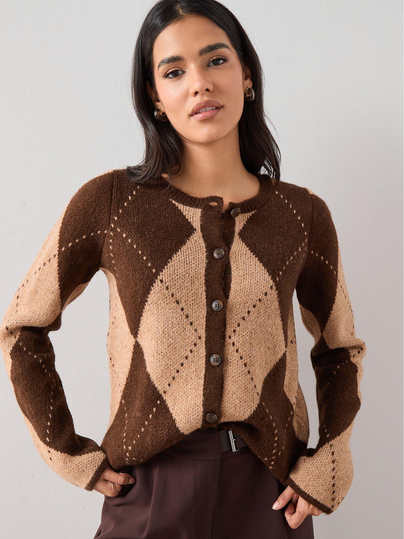 Image 1 of 6 of The Very Collection Crew Neck Argyle Knitted Cardigan - Chocolate