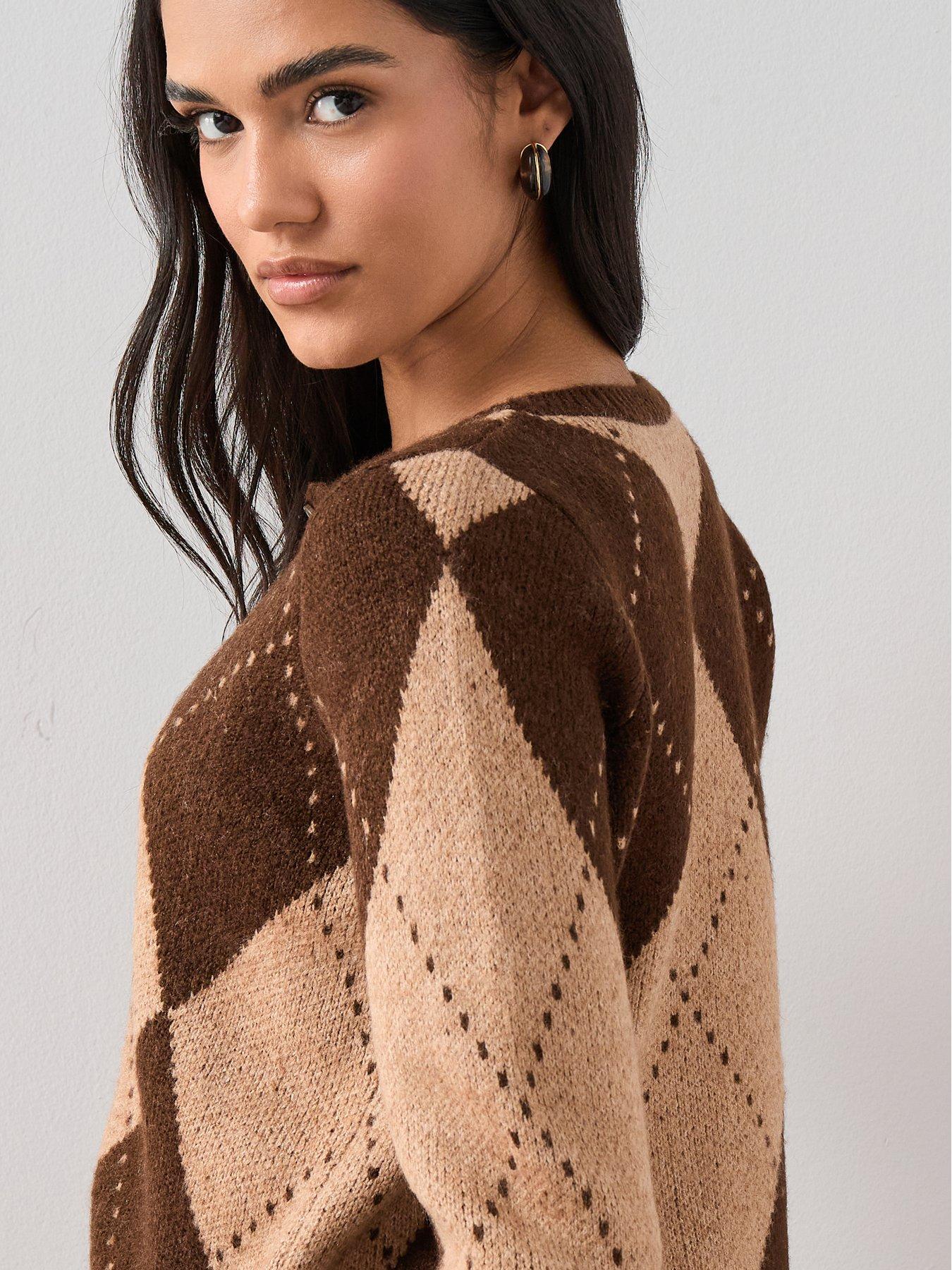 Image 4 of 6 of The Very Collection Crew Neck Argyle Knitted Cardigan - Chocolate