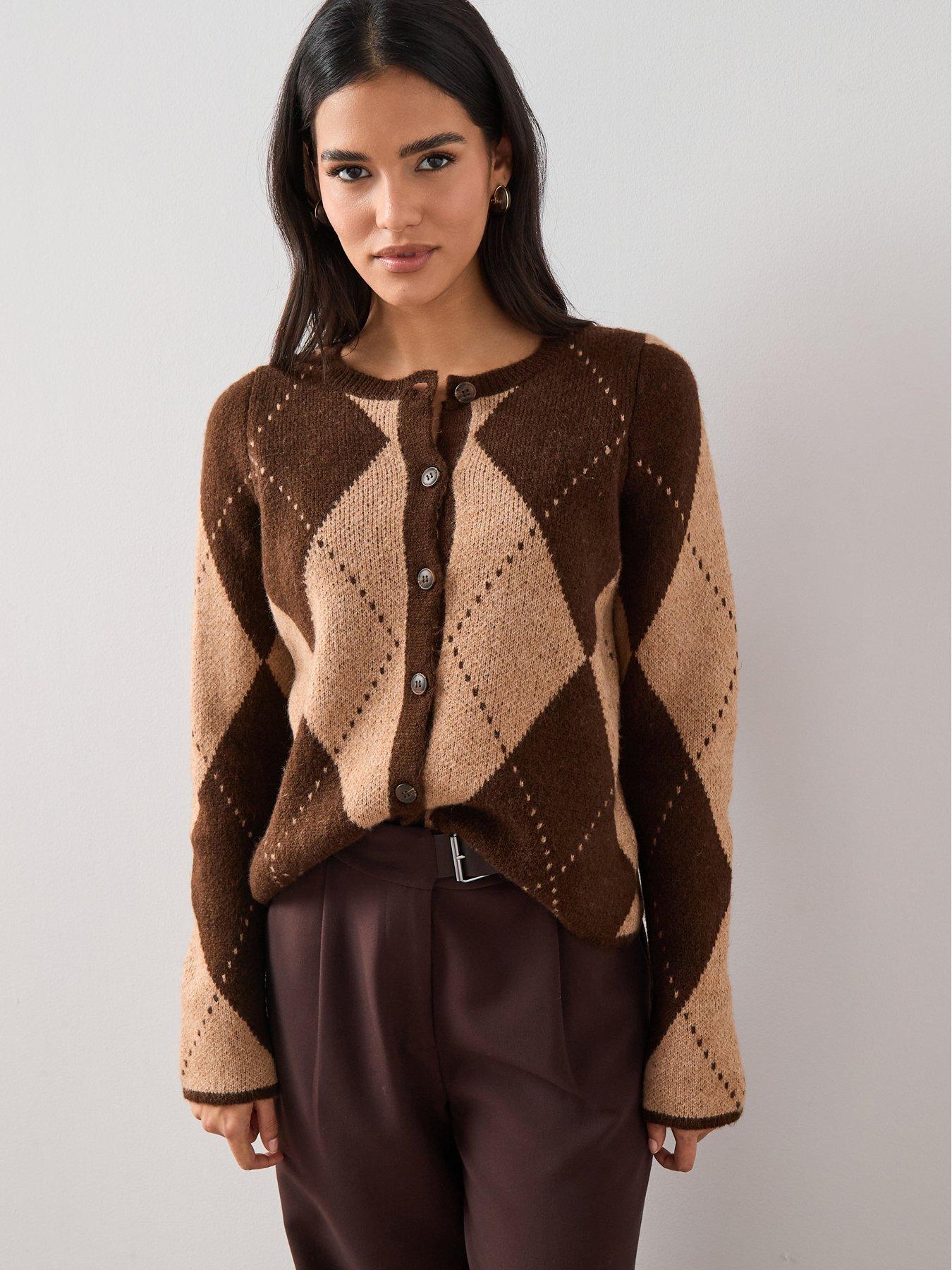 Image 5 of 6 of The Very Collection Crew Neck Argyle Knitted Cardigan - Chocolate
