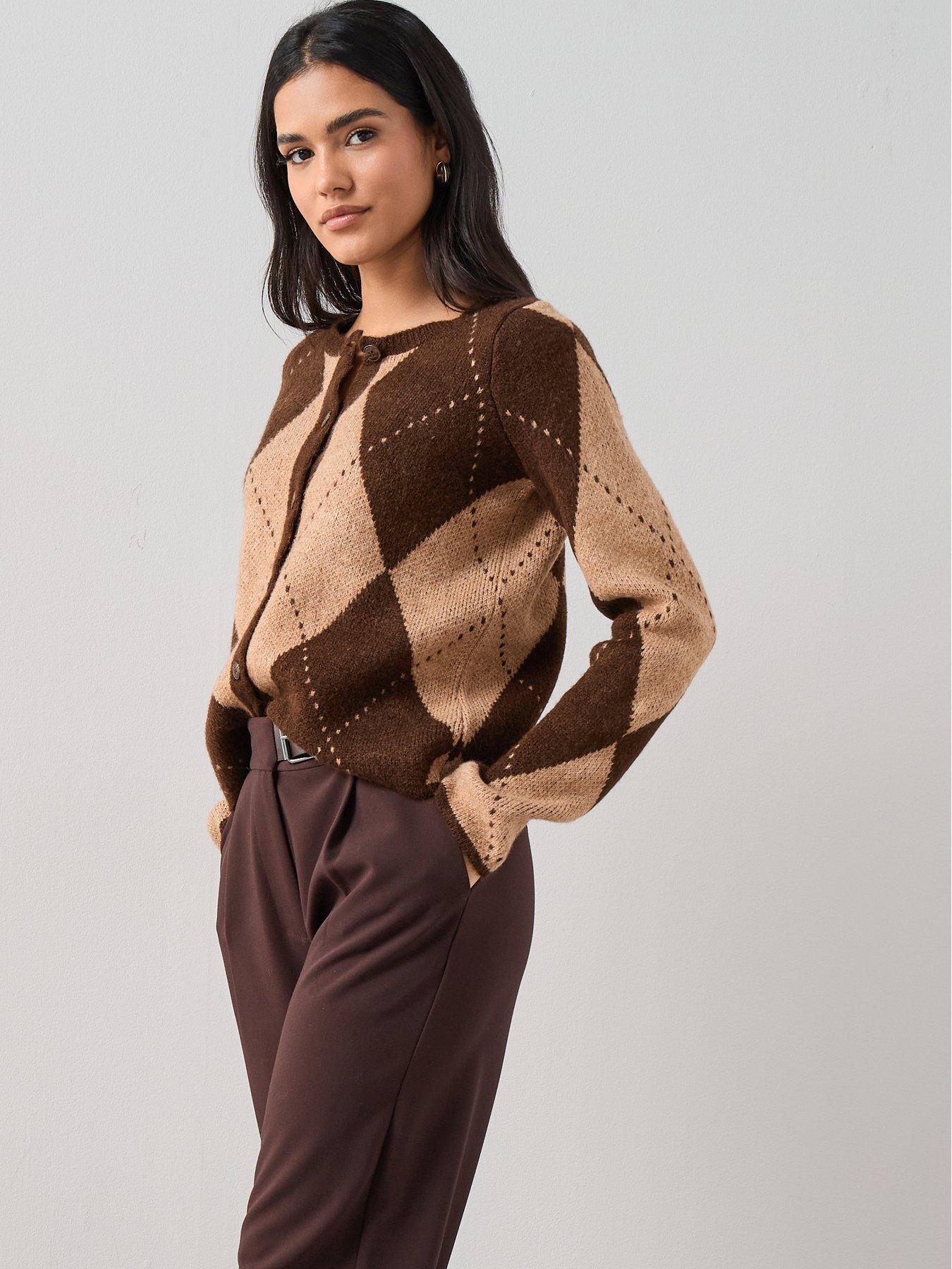 Image 6 of 6 of The Very Collection Crew Neck Argyle Knitted Cardigan - Chocolate