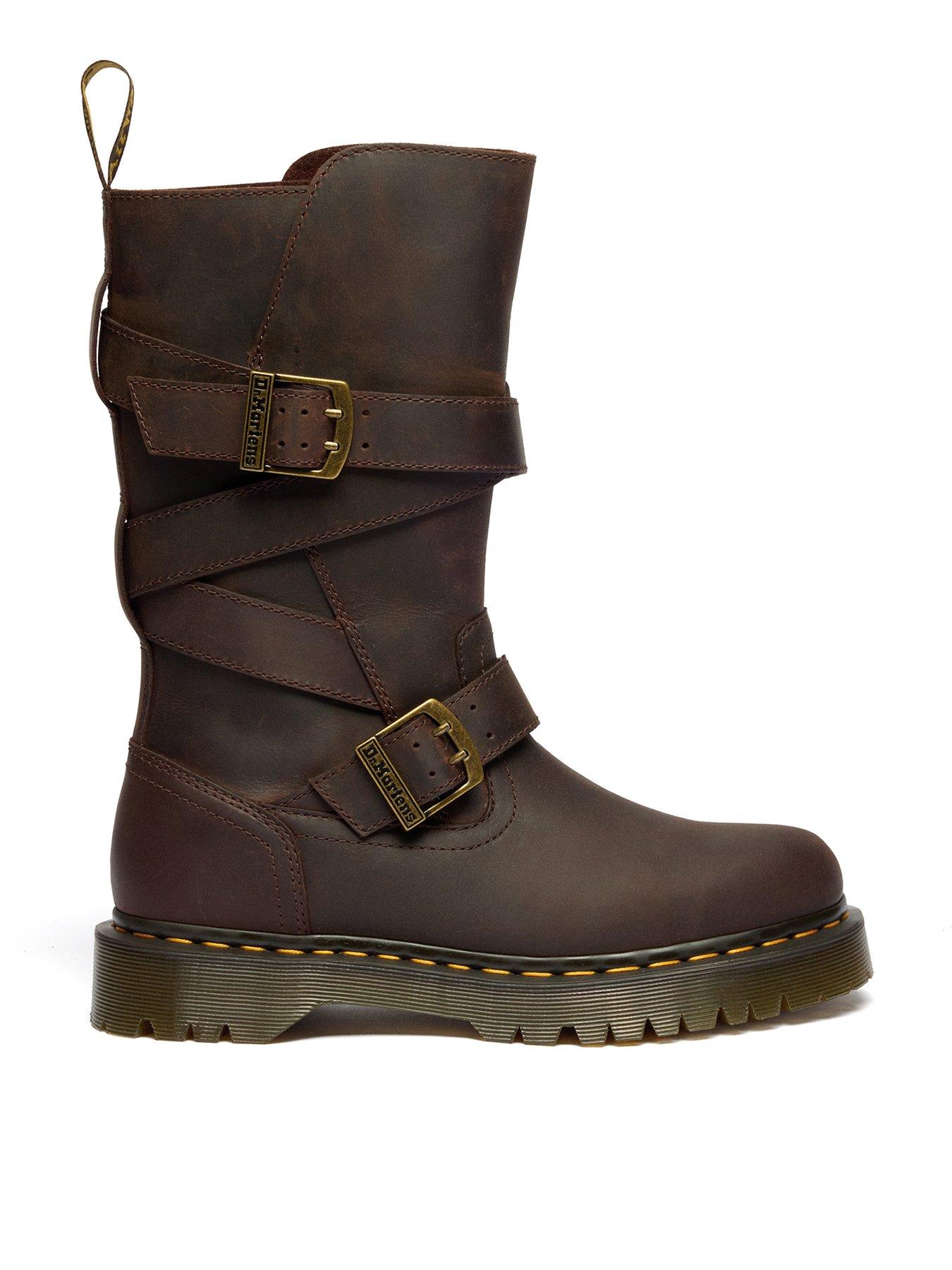 Dr Martens Anistone 2 Strap Crazy Horse Leather Biker Boots - Dark Brown