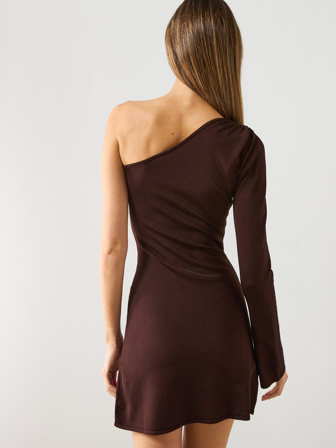 Image 2 of 5 of Mango Fitted Dress With Asymmetrical Sleeve - Brown