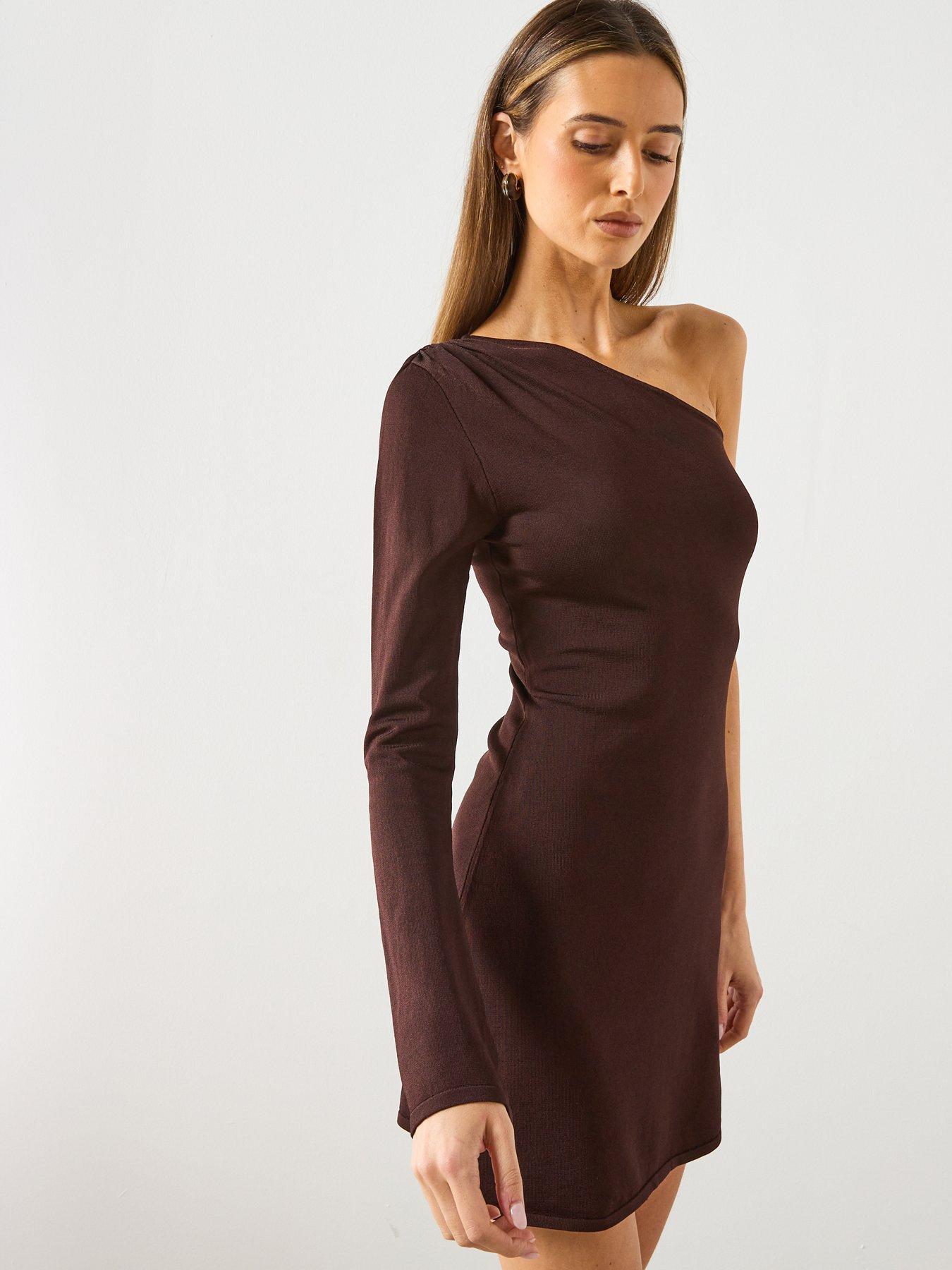 Image 5 of 5 of Mango Fitted Dress With Asymmetrical Sleeve - Brown
