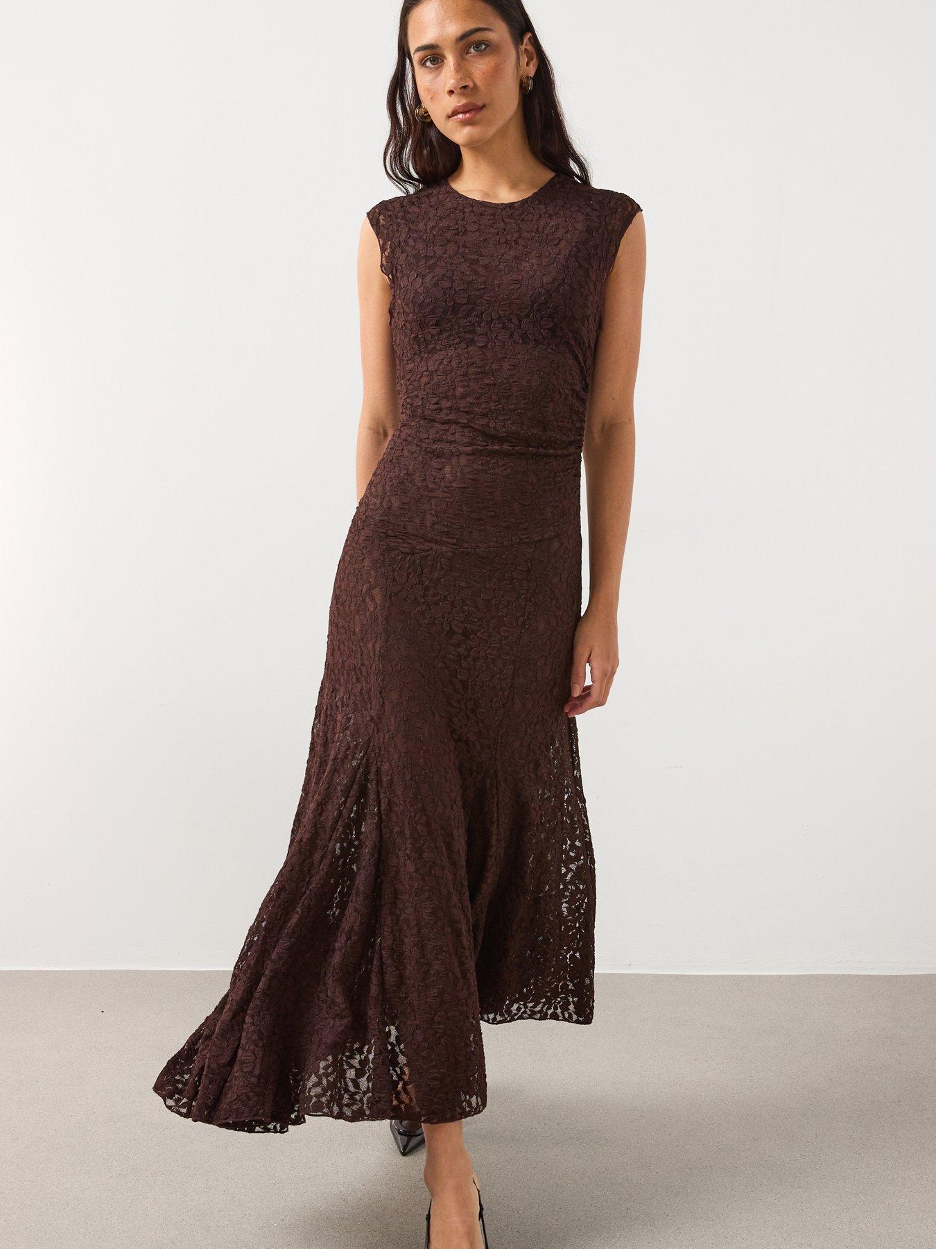 front image of mango-asymmetric-lace-dress-brown