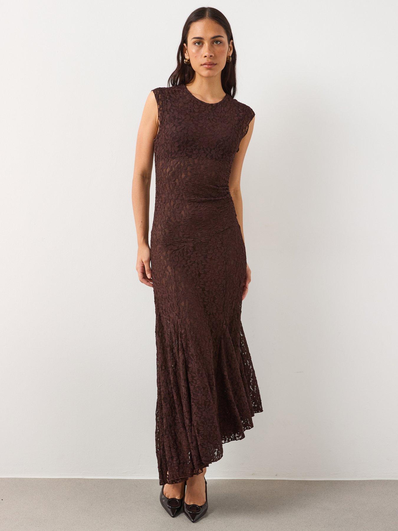  image of mango-asymmetric-lace-dress-brown