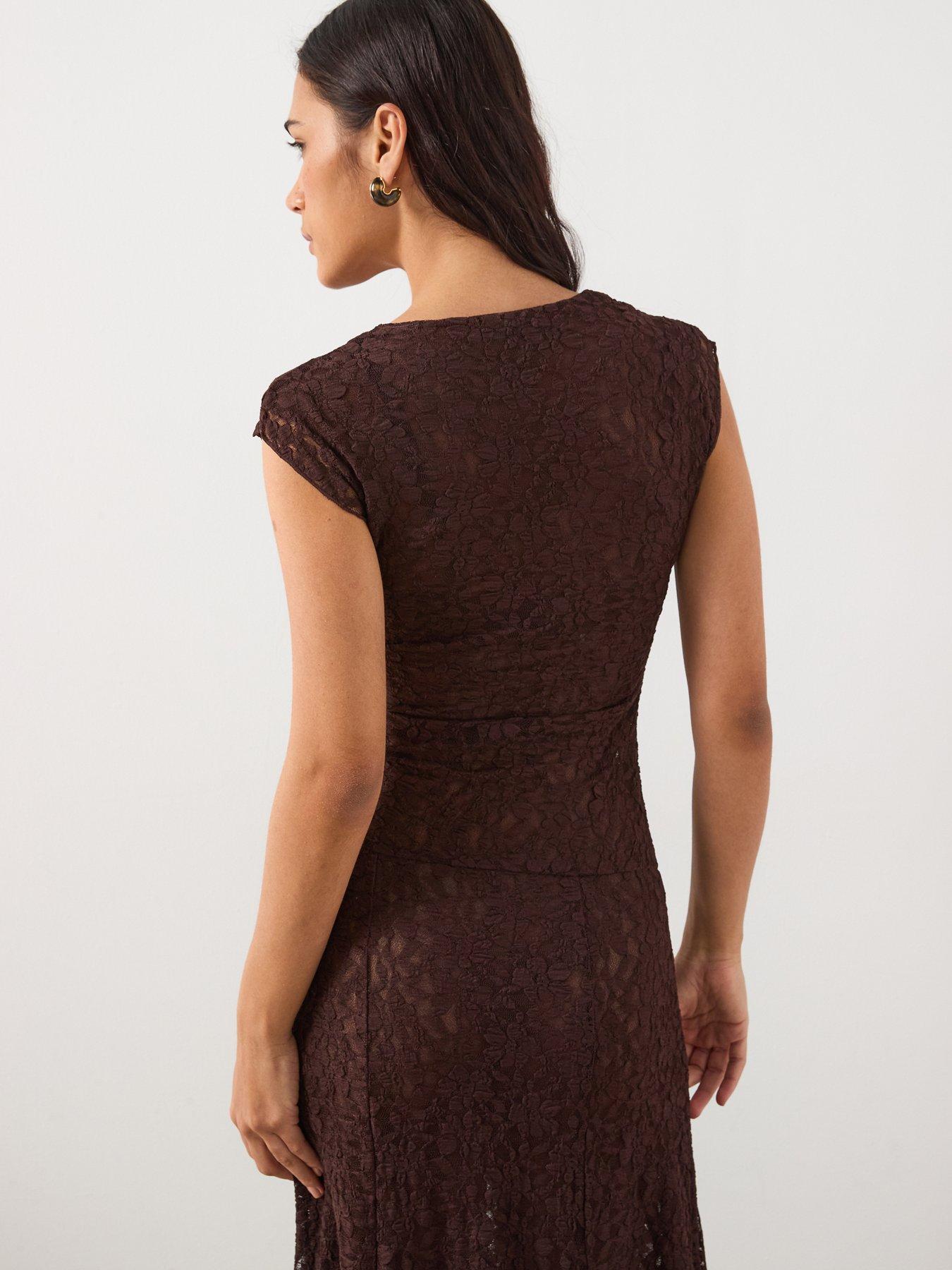  image of mango-asymmetric-lace-dress-brown