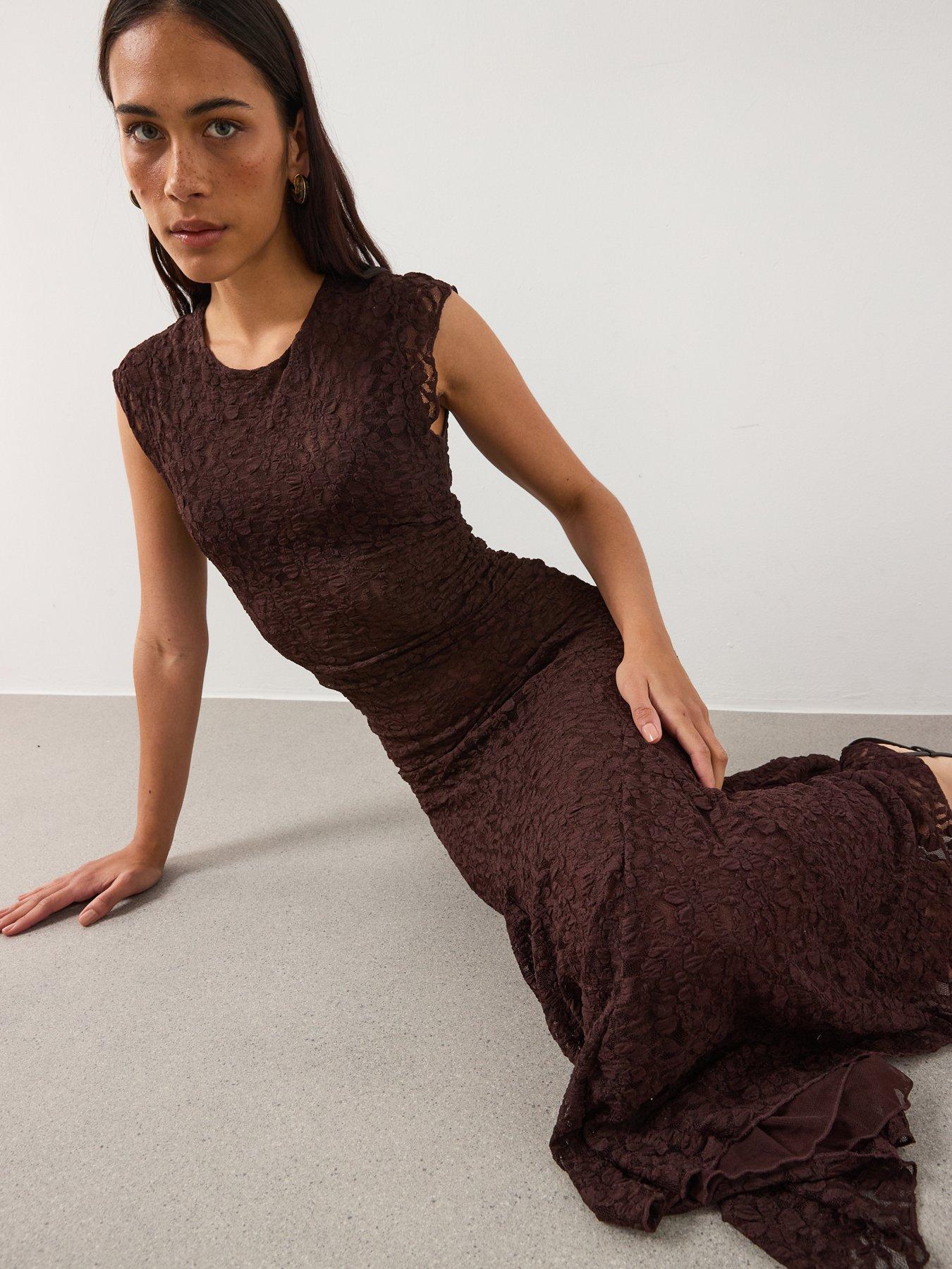  image of mango-asymmetric-lace-dress-brown